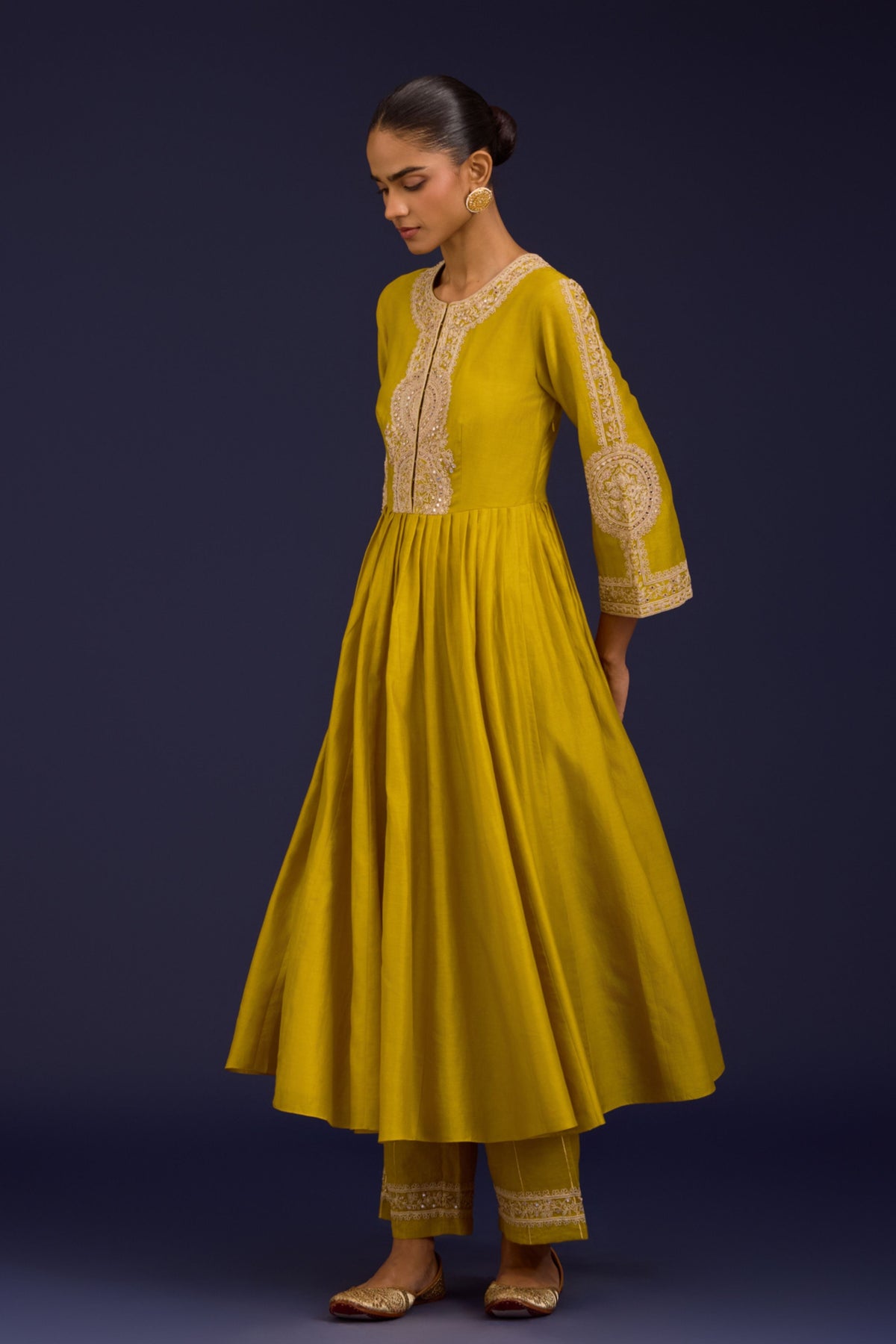 Mustard Silk Embroidered Anarkali Set