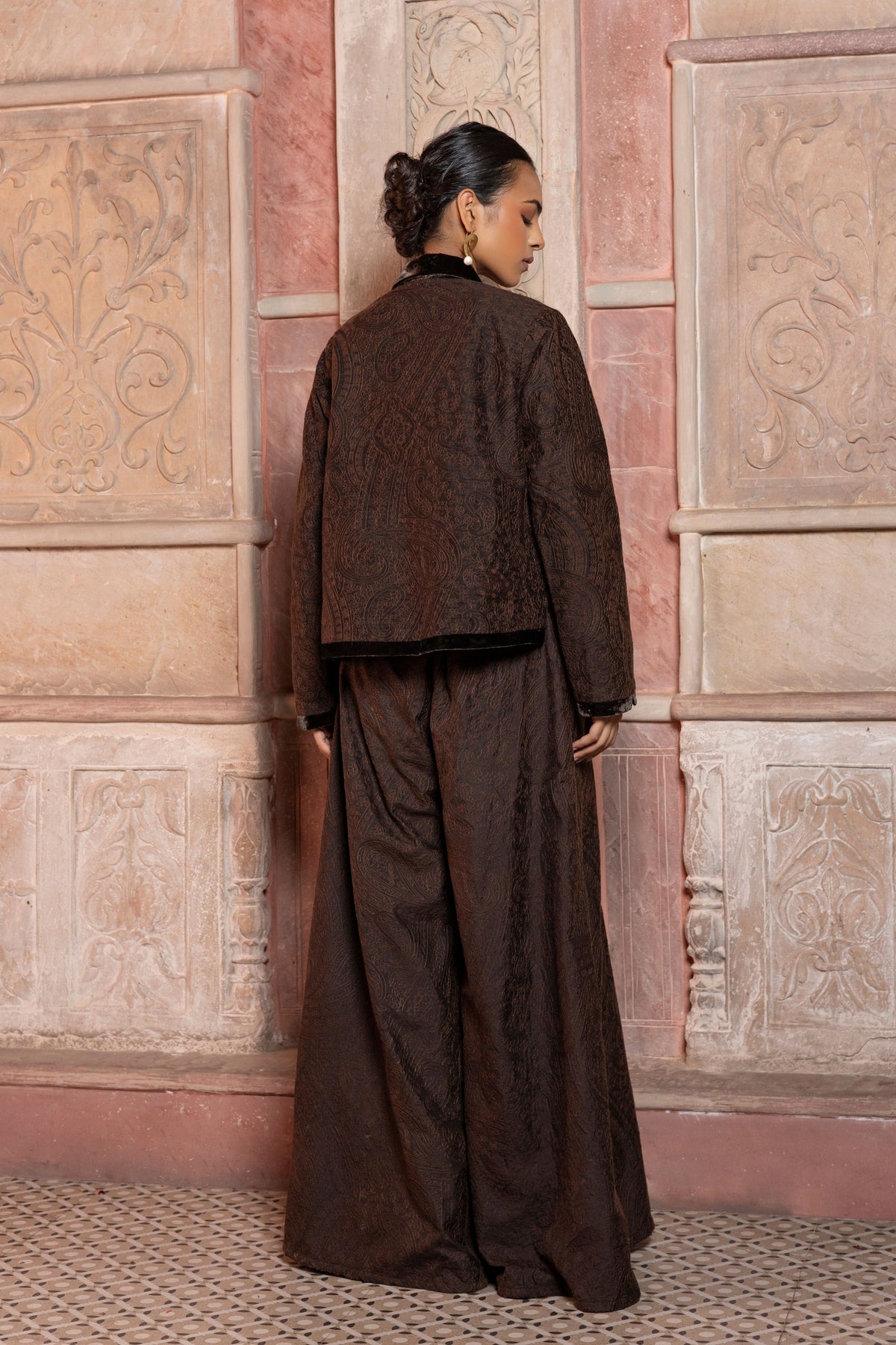 Brown Embroidered Jacket Set