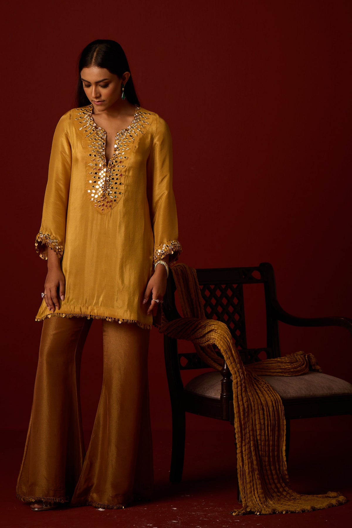 Golden Yellow Mirror Work Kurta