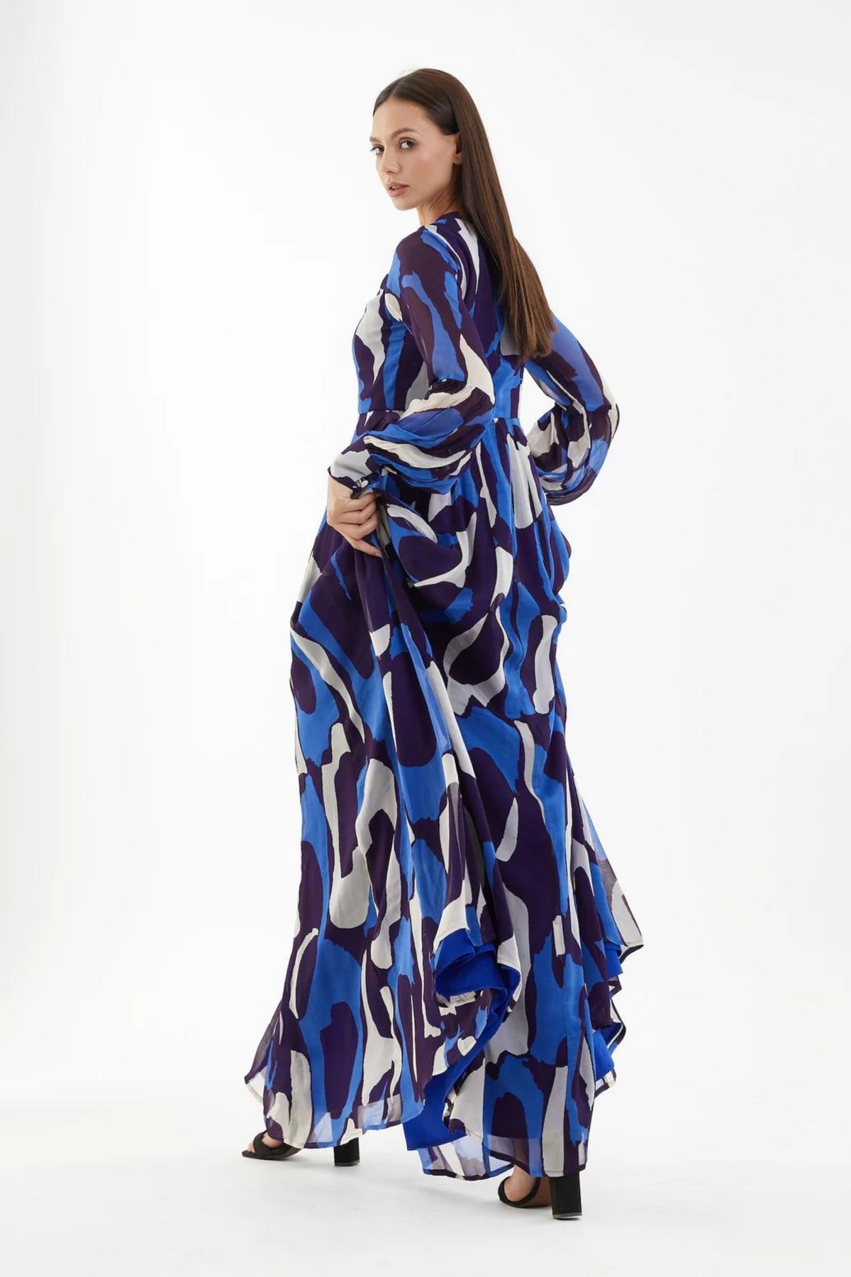 Blue And White Abstract Long Shirt Dress