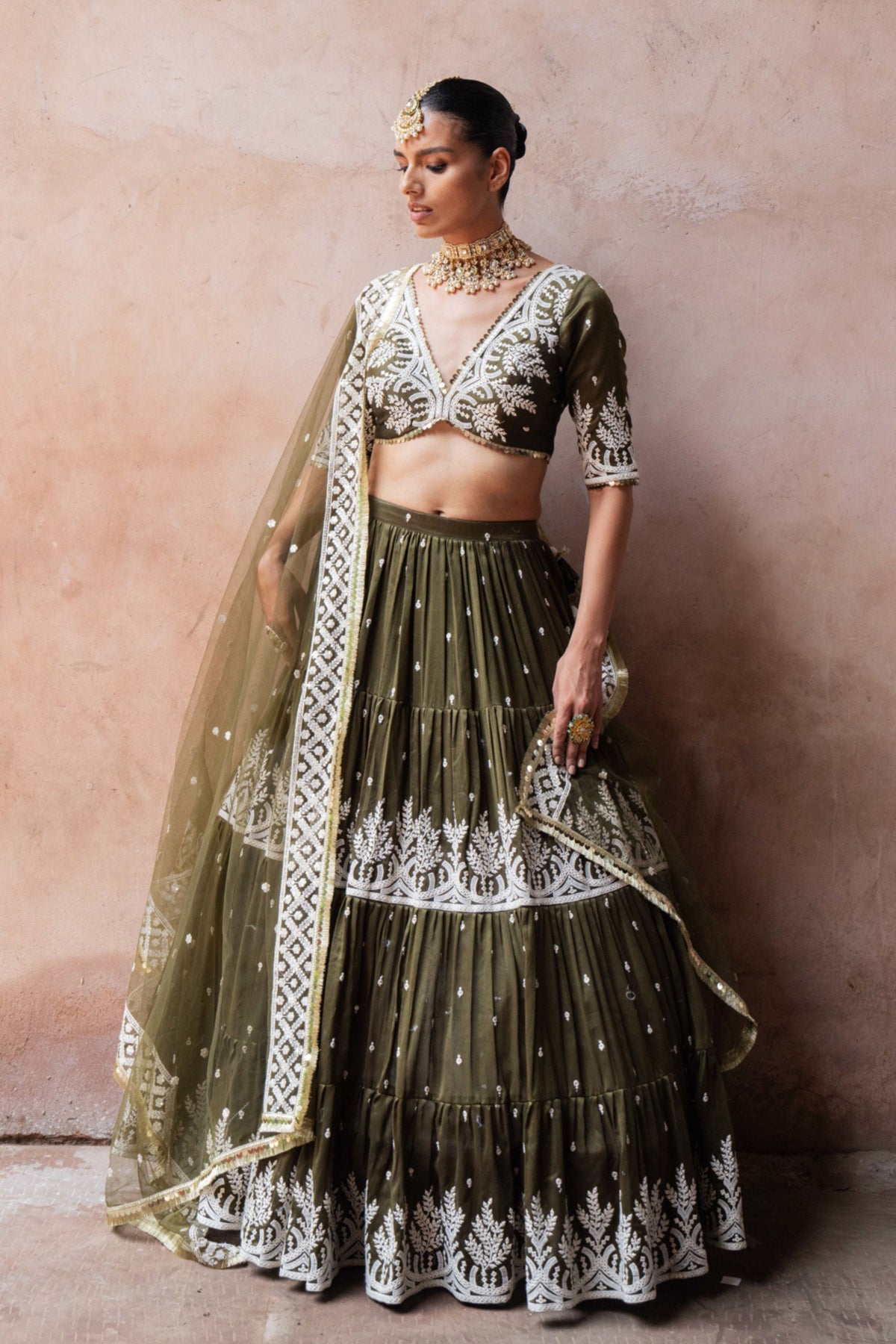 Olive Maharani Forest Lehenga Set
