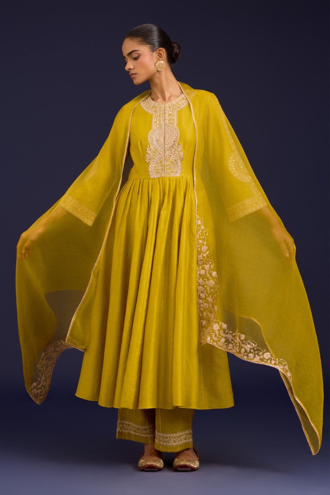Mustard Silk Embroidered Anarkali Set - Devnaagri - Elahe