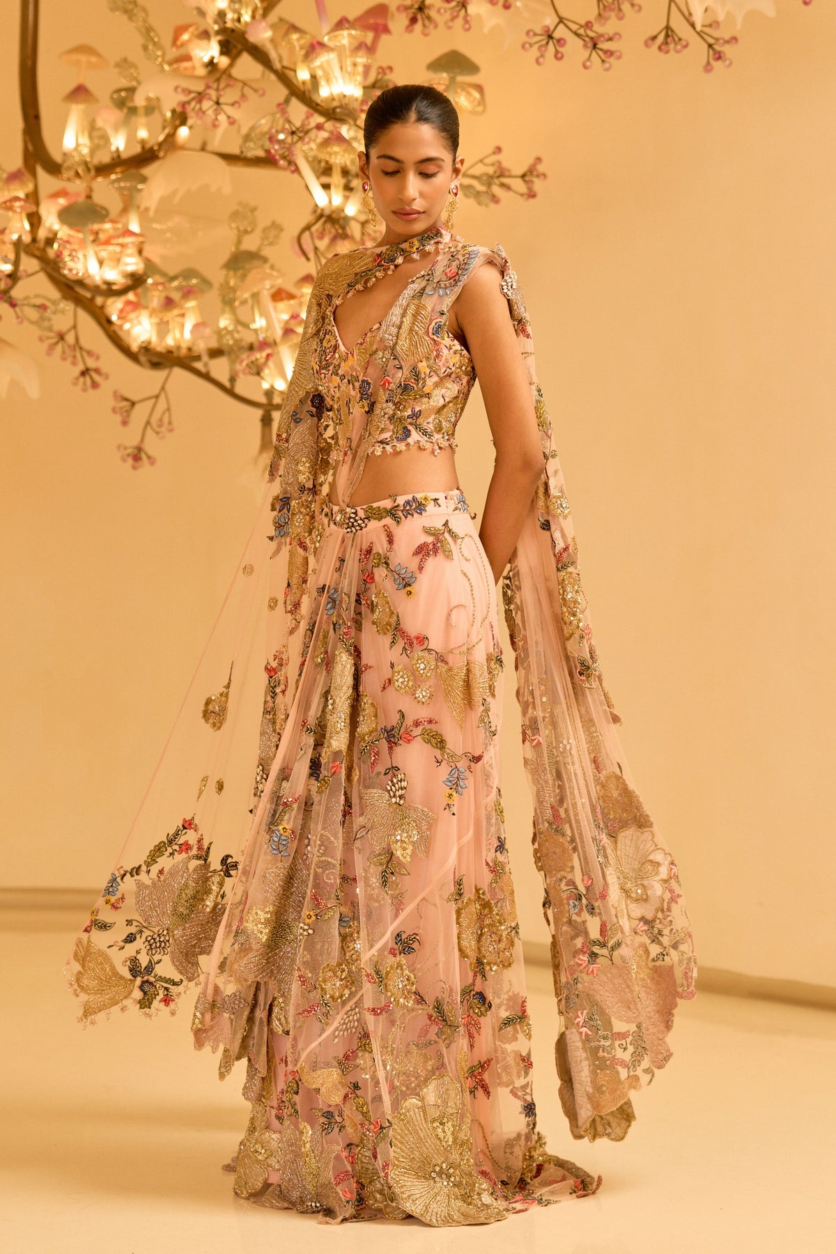 Botanical Draped Saree With Cape