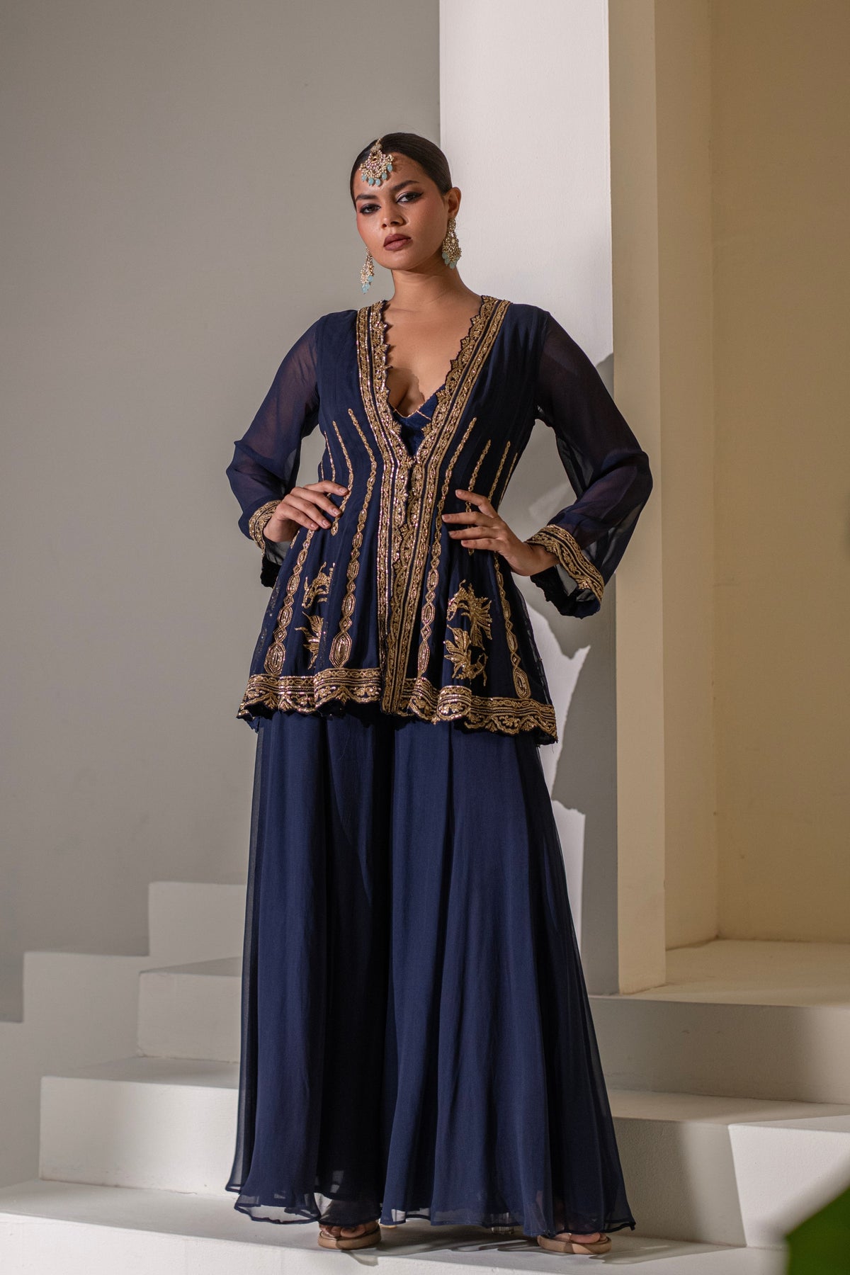 Blue Embellished Kalidar  Jacket Set