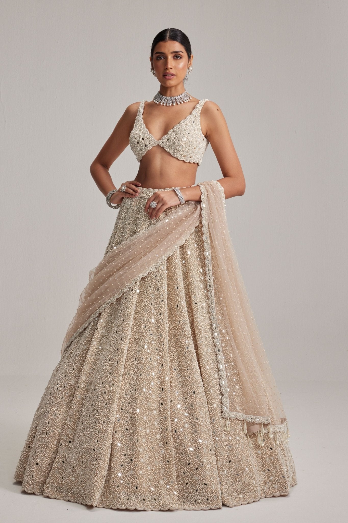 Light Beige Mirror and Pearl Lehenga Set - Vvani by Vani Vats - Elahe