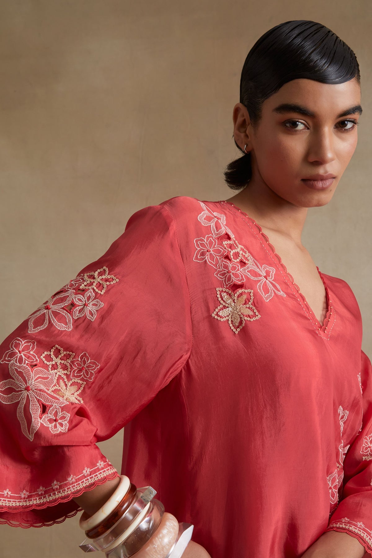 Tomato Handcrafted Floral Tunic Set