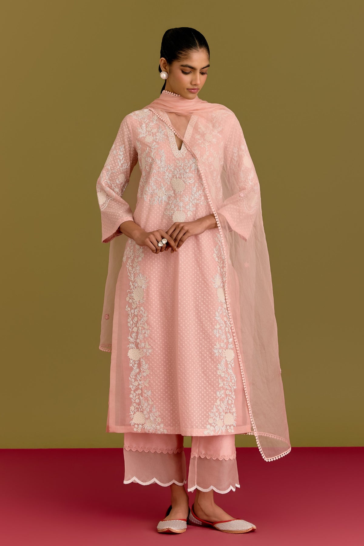Pink Woven Kurta Set