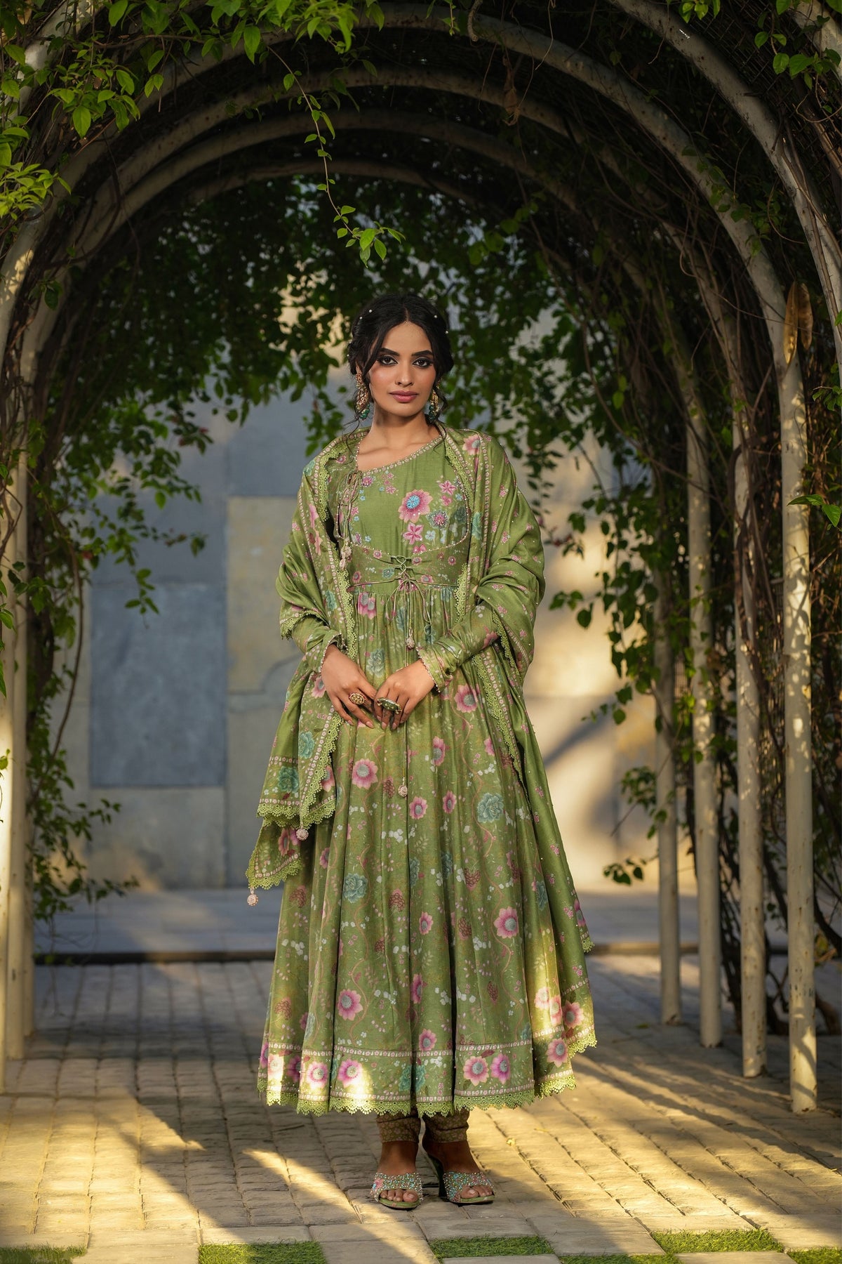 Mughal Koti Anarkali in Dark Green