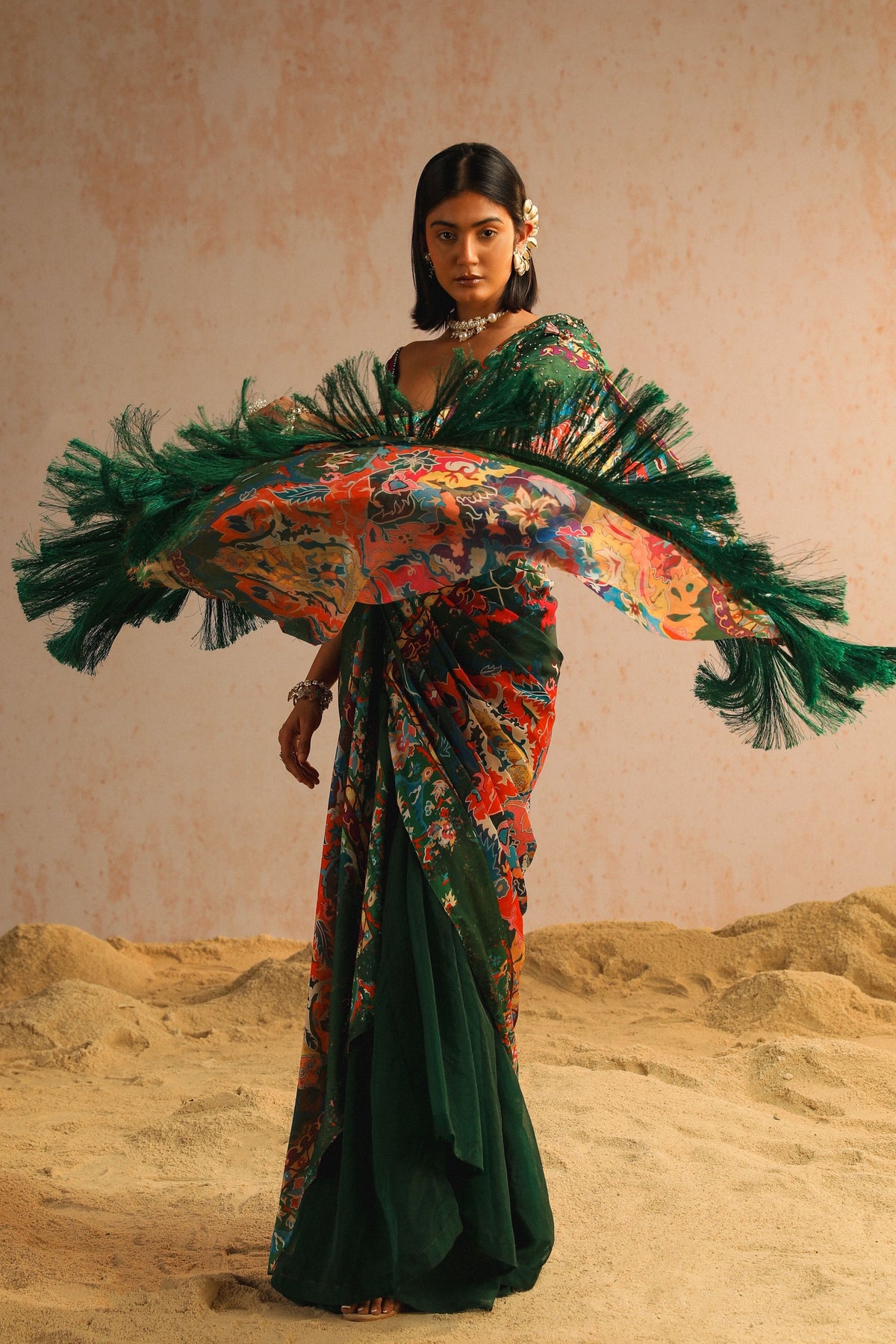 Green Draped Saree With Purple Blouse