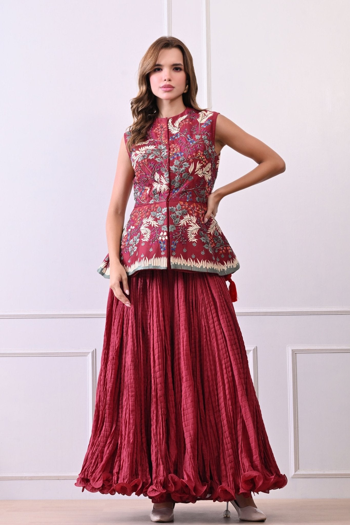 Maroon Peplum Skirt Set - Samant Chauhan - Elahe