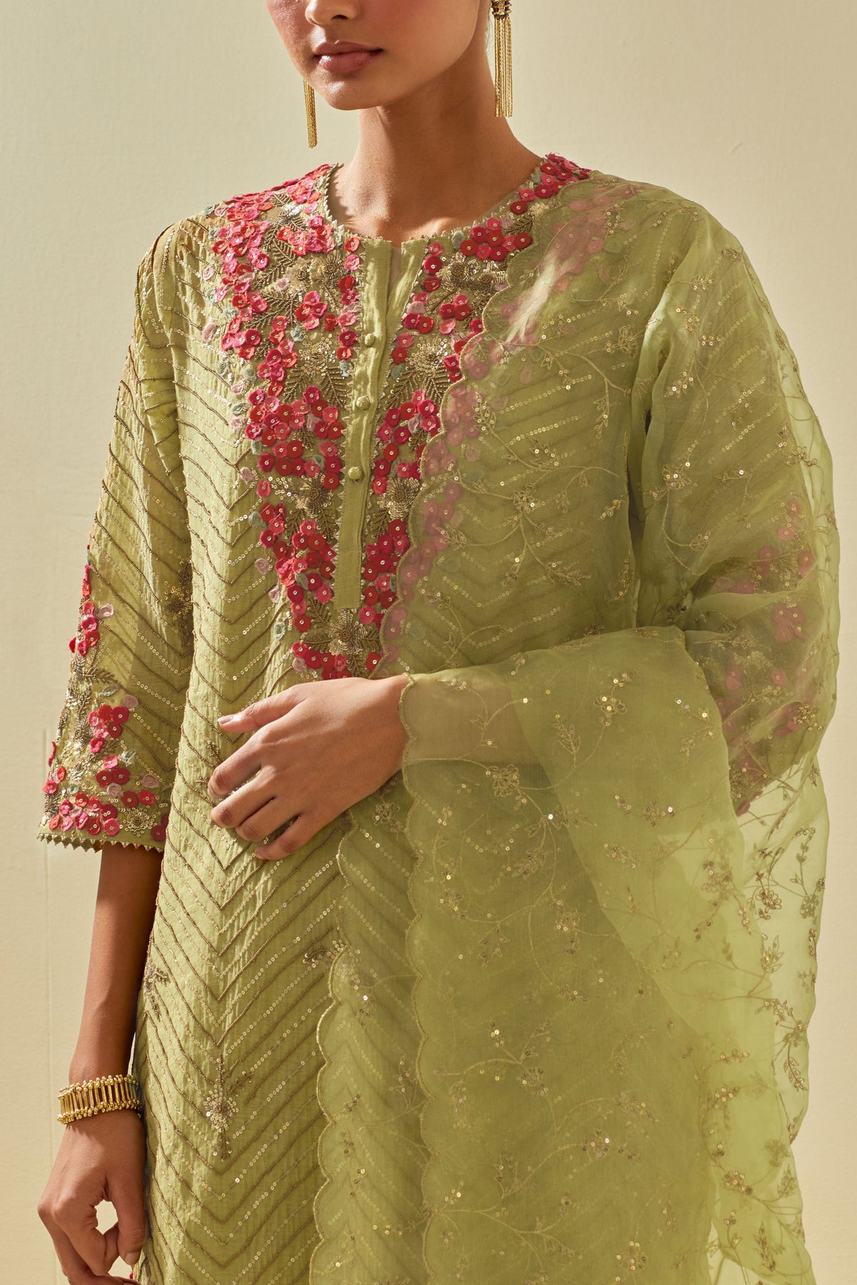 Green Tissue Chanderi Kurta Set