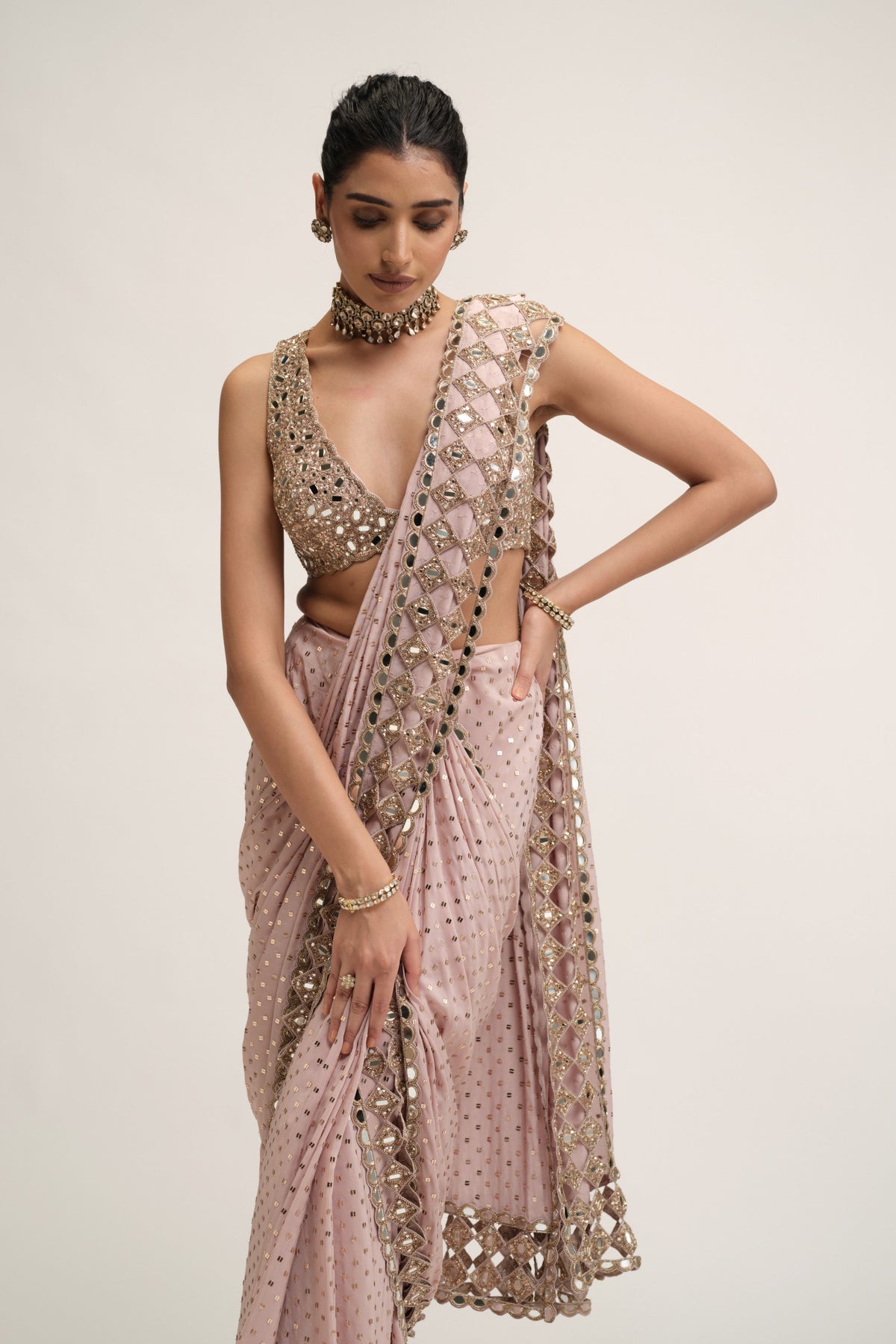 Ash Draped Saree Set