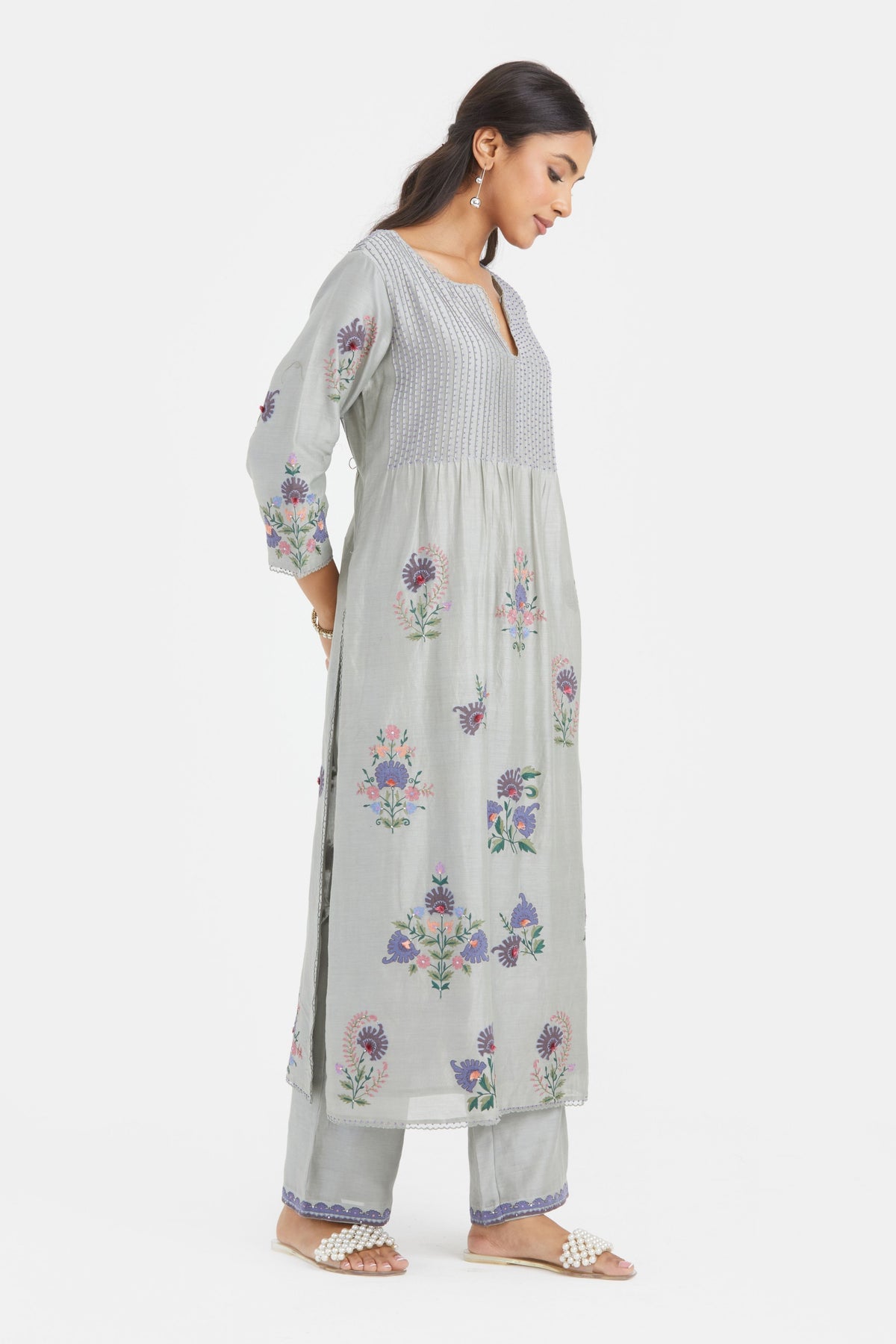 Chanderi Bluish Grey Kurta Set