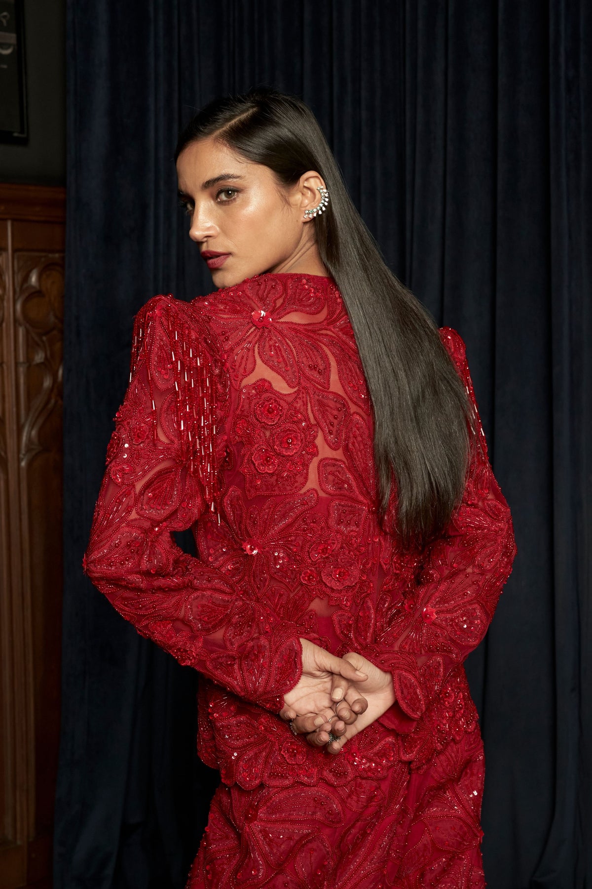 Embroidered Puff Shoulder Jacket Set