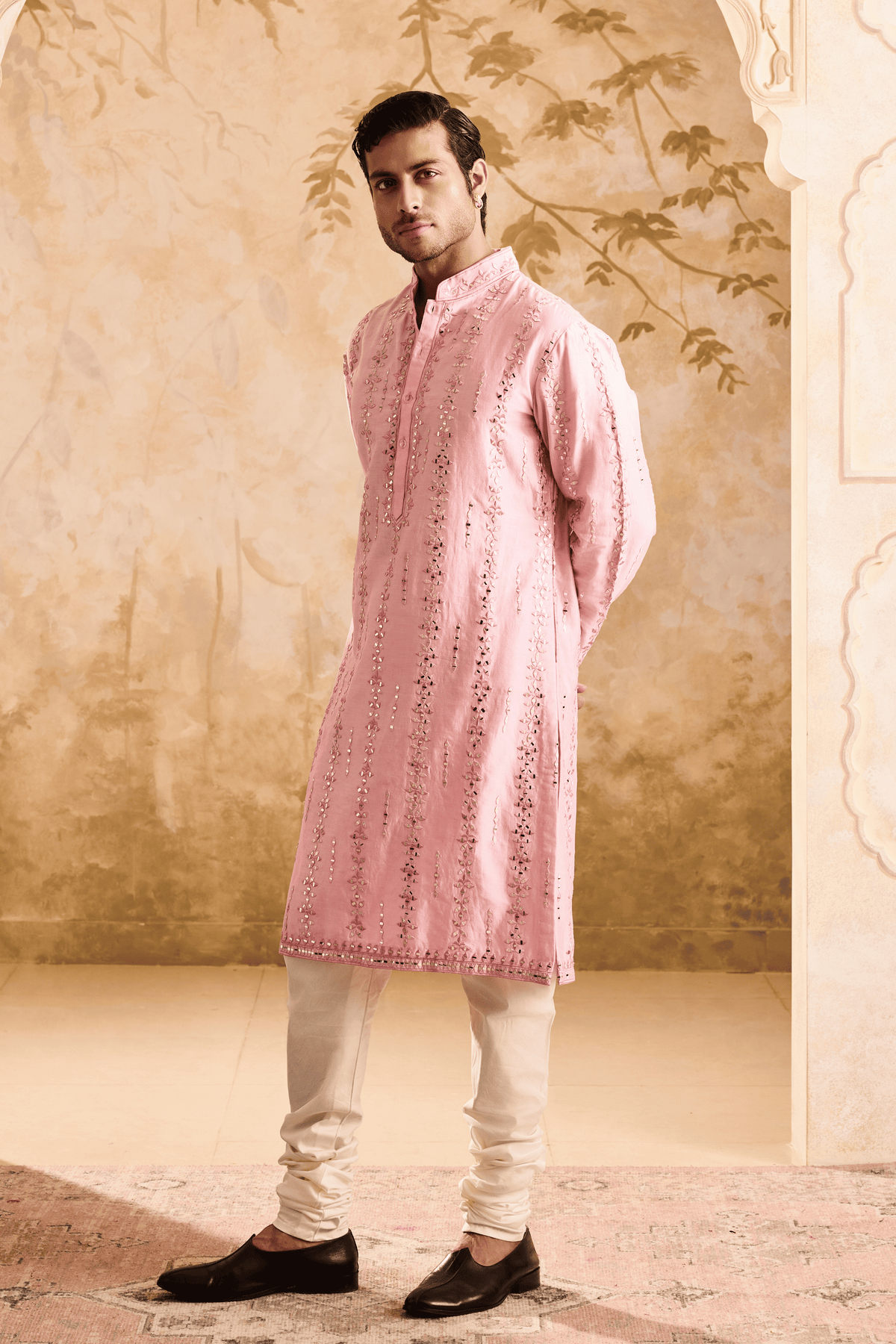 Embroidered Pink Mirrorwork Kurta Set
