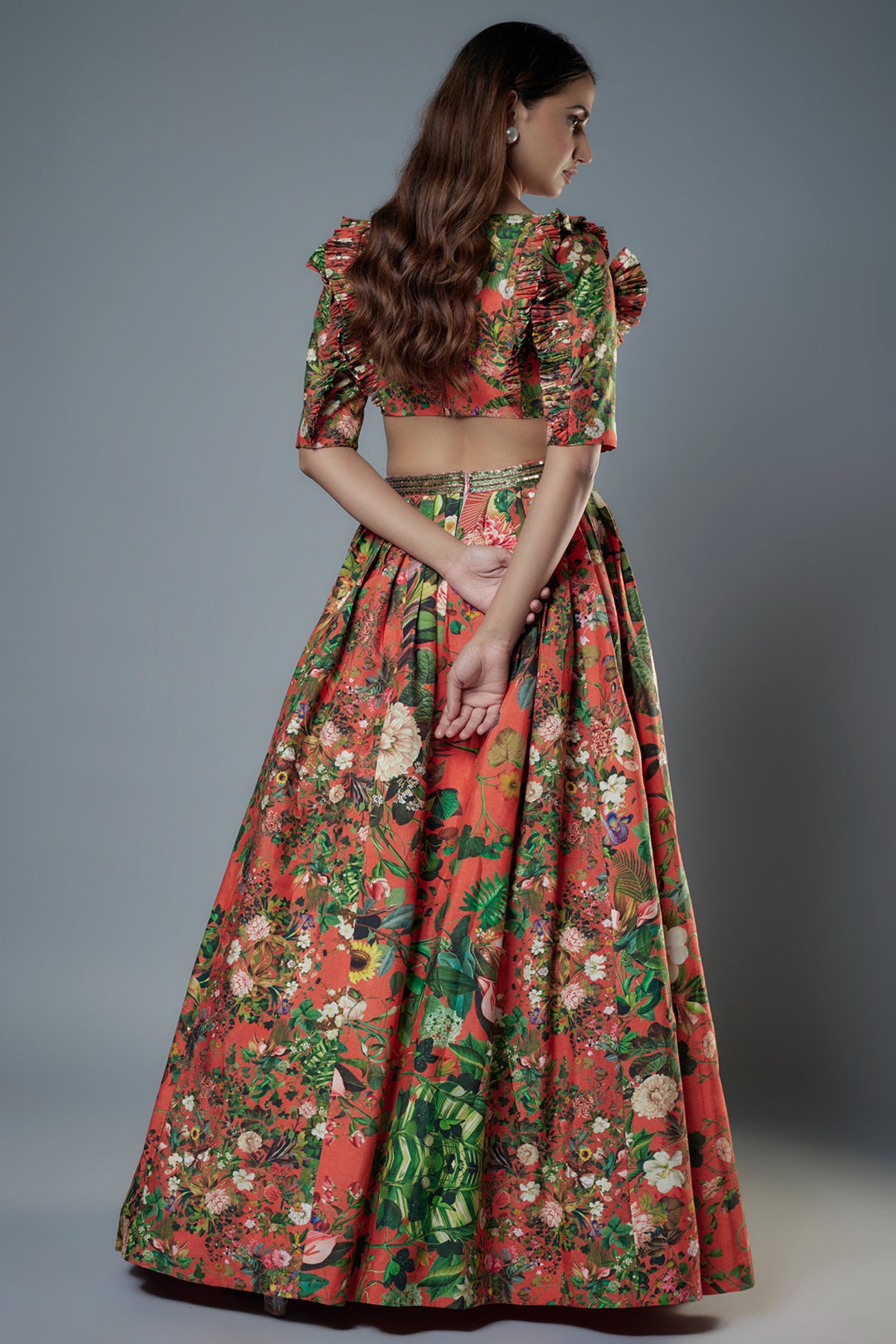 Botanical Printed Orange Lehenga Set
