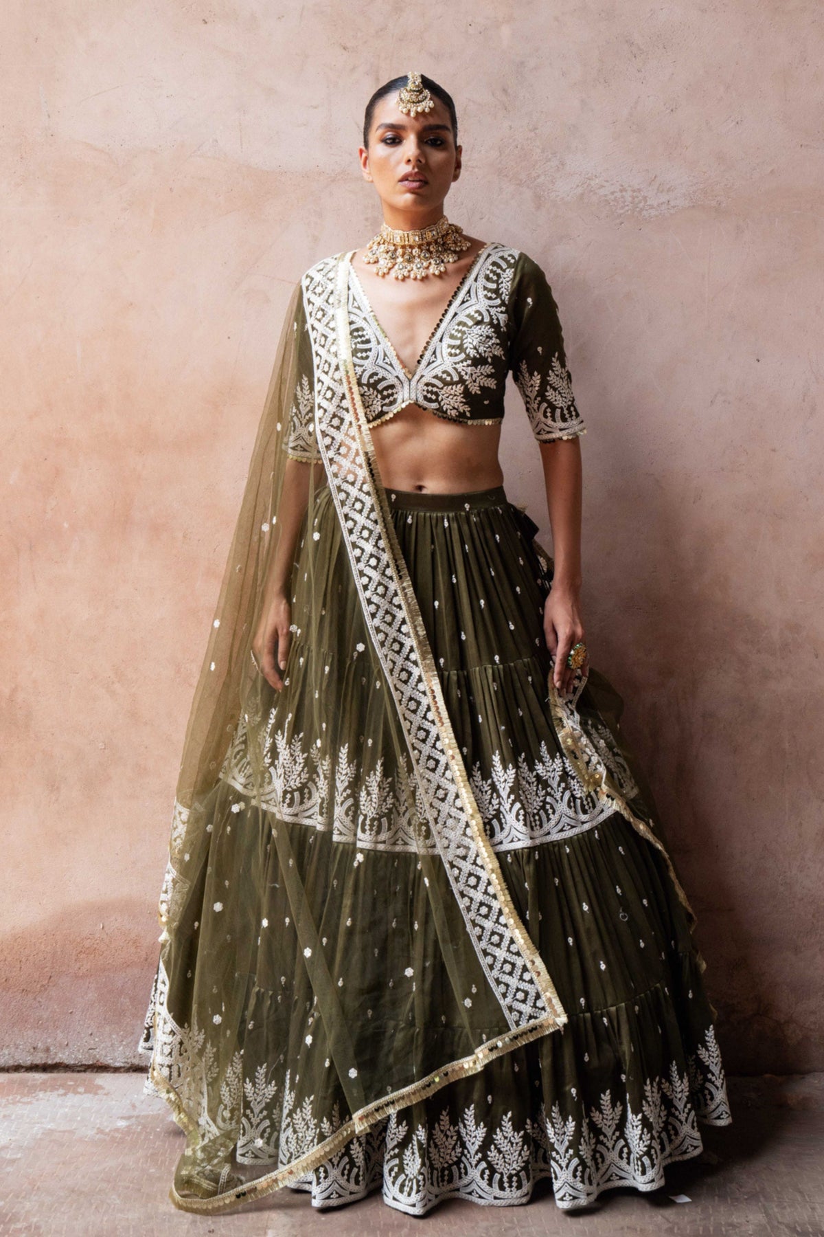 Olive Maharani Forest Lehenga Set