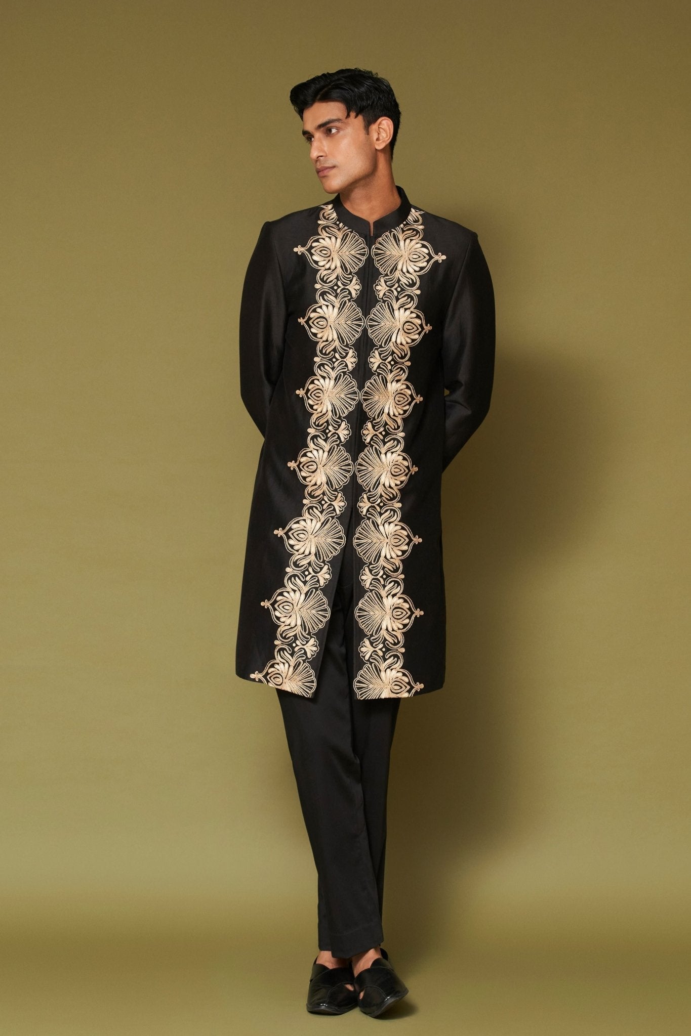 Black and Beige Sherwani Set - Devnaagri Menswear - Elahe