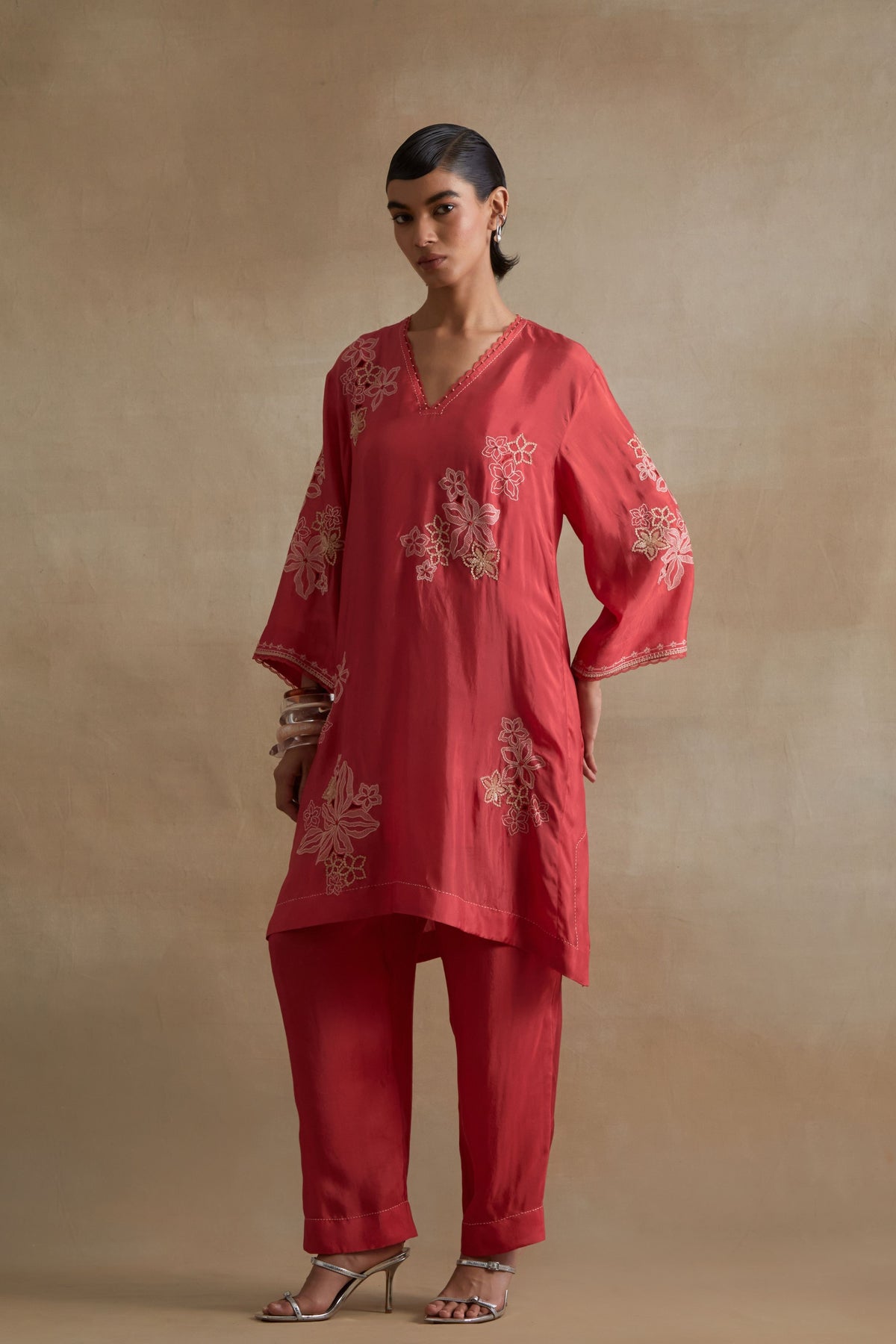 Tomato Handcrafted Floral Tunic Set