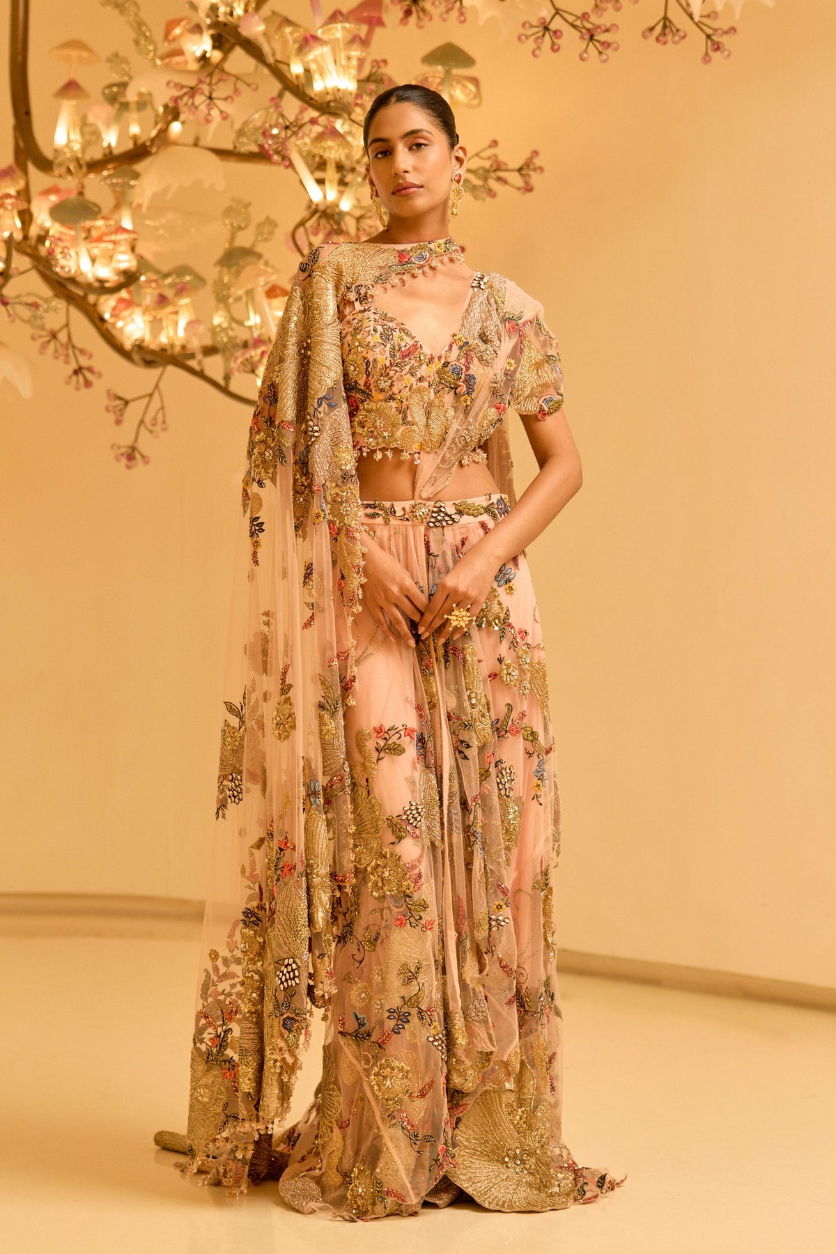 Botanical Draped Saree With Cape