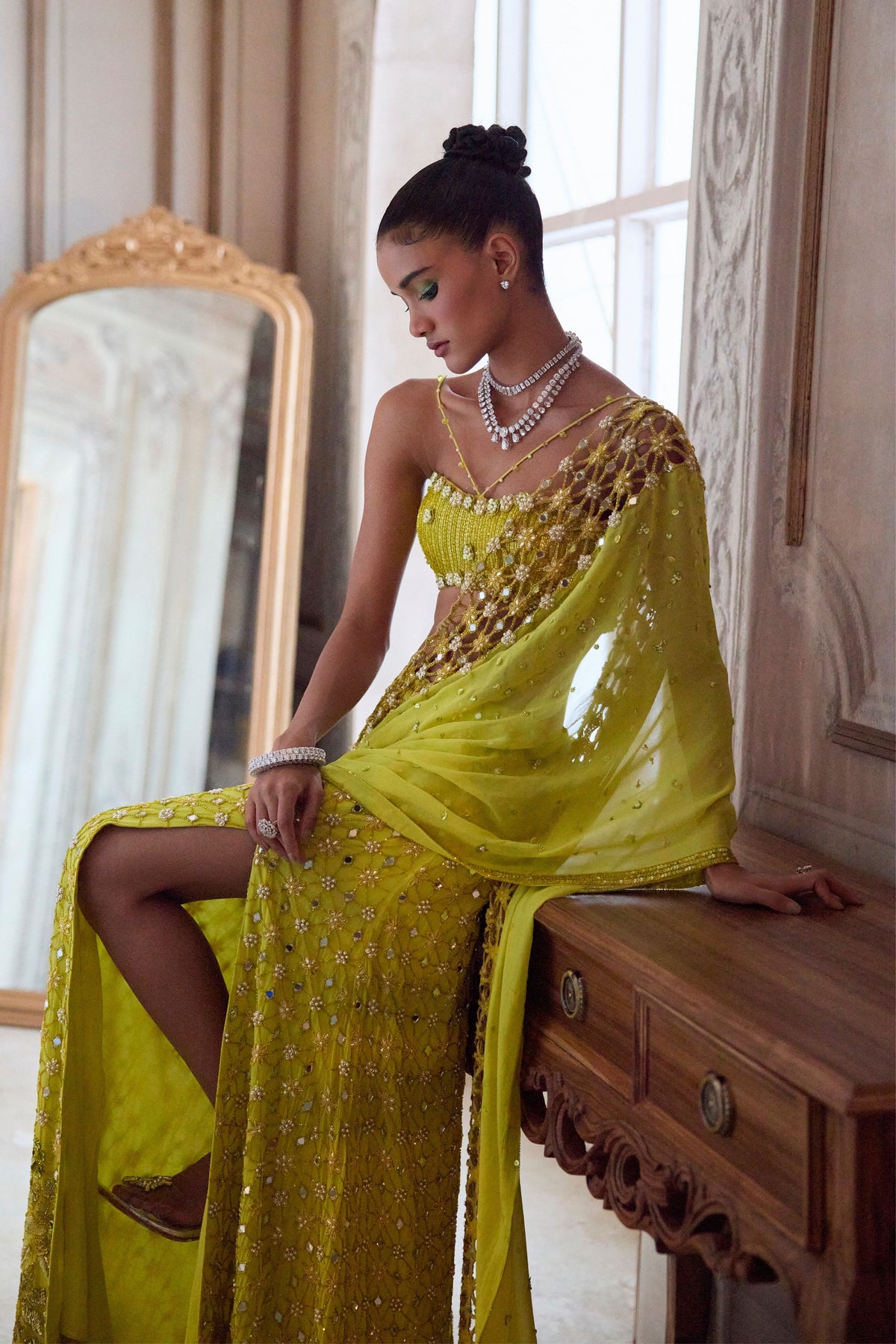 Neon Green Slit Saree Set