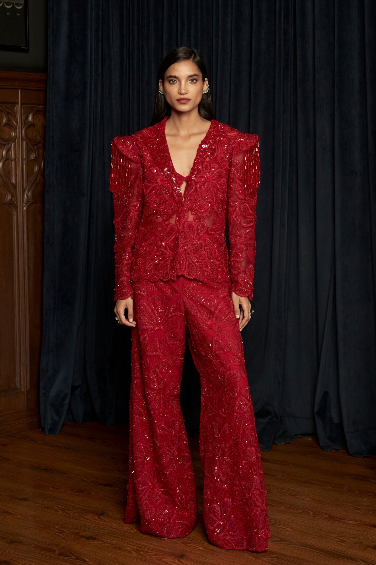 Embroidered Puff Shoulder Jacket Set