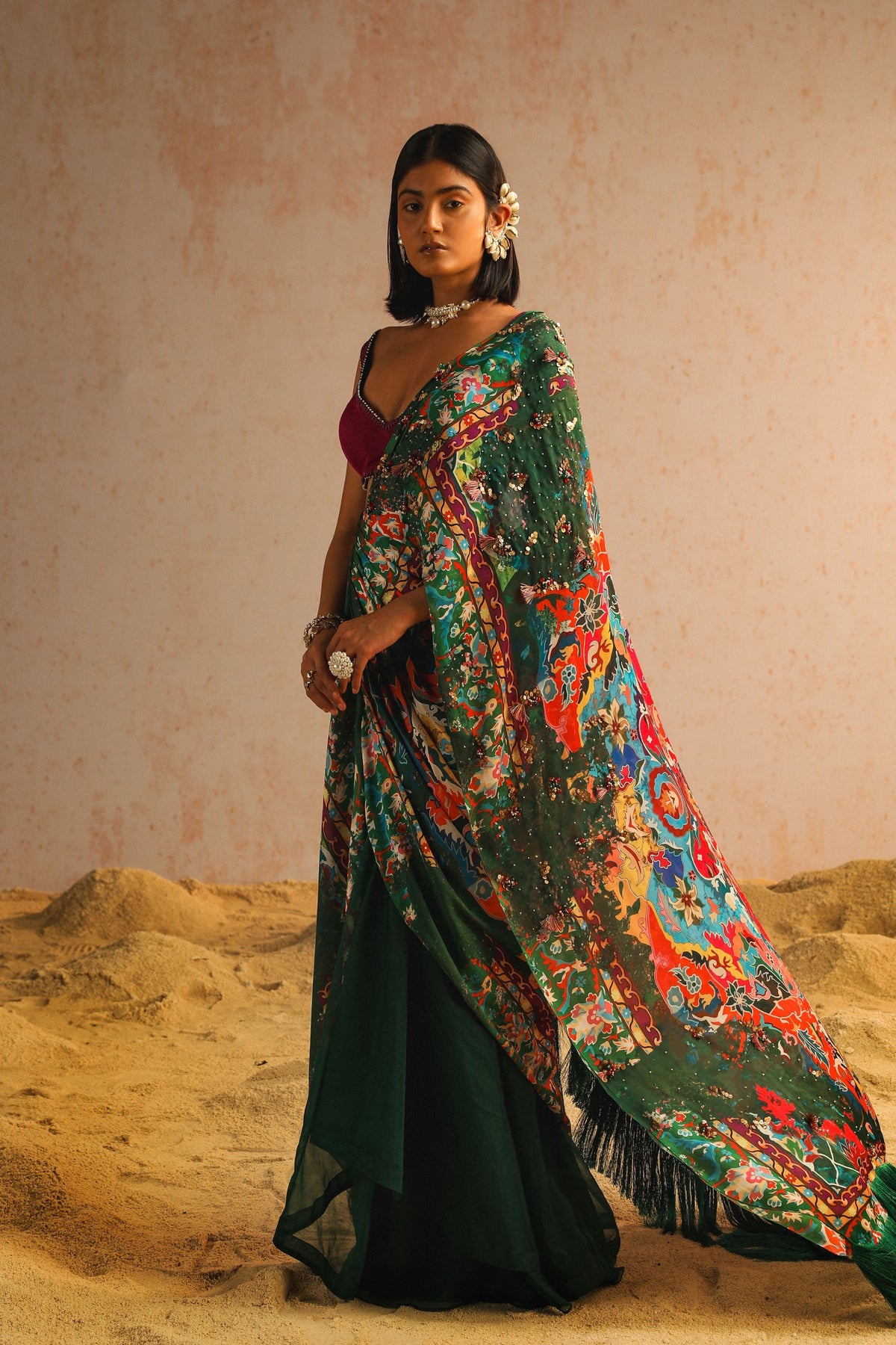Green Draped Saree With Purple Blouse
