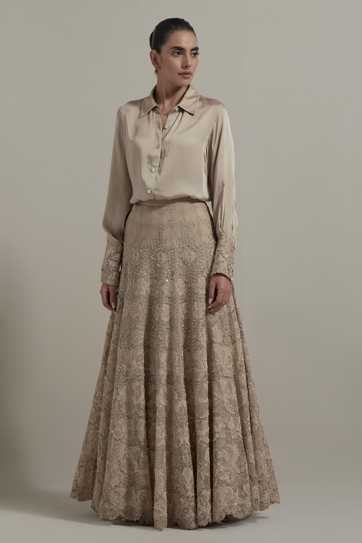 Beige Shirt Embellished Lehenga Set