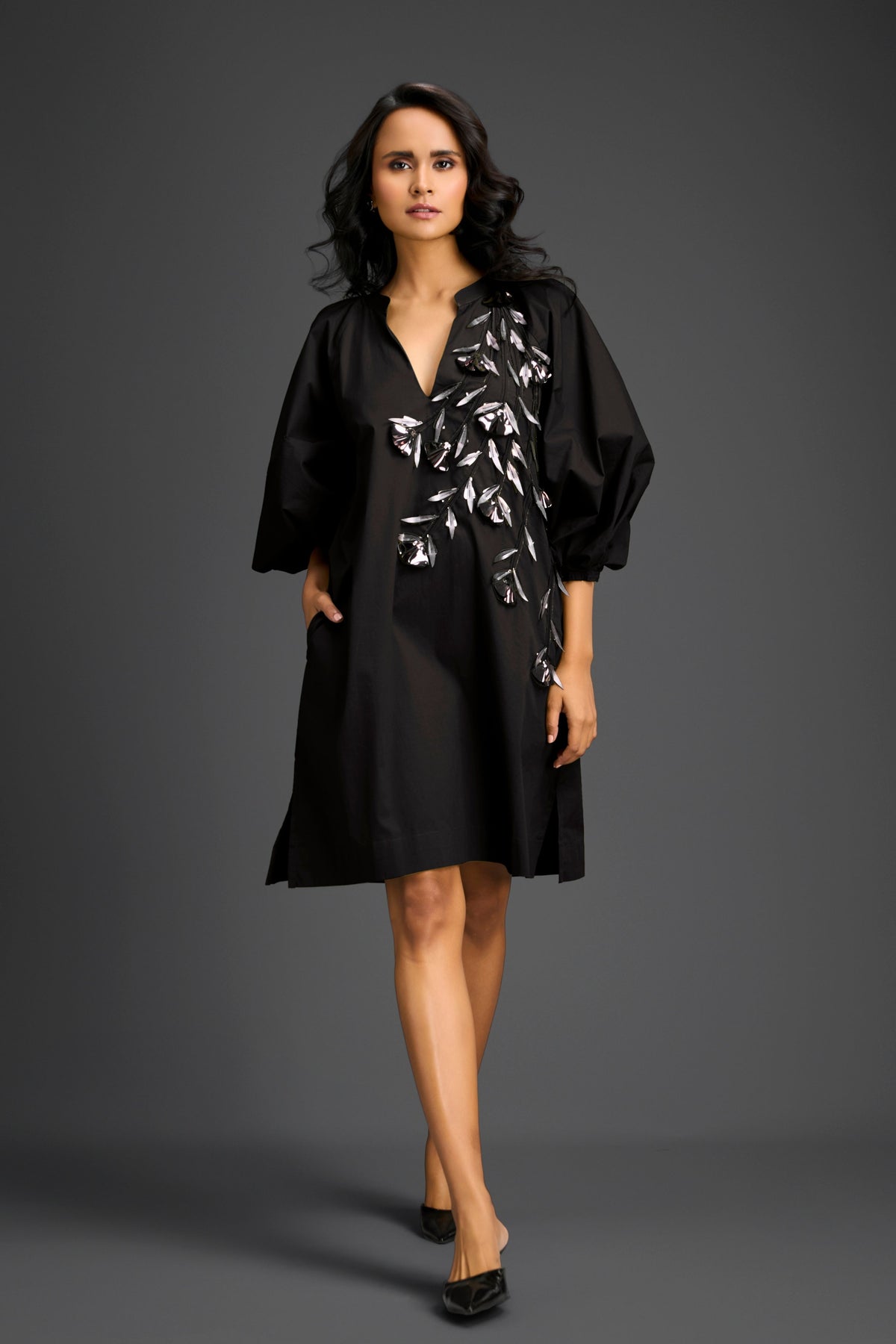 Embroidery Black V-neck Dress