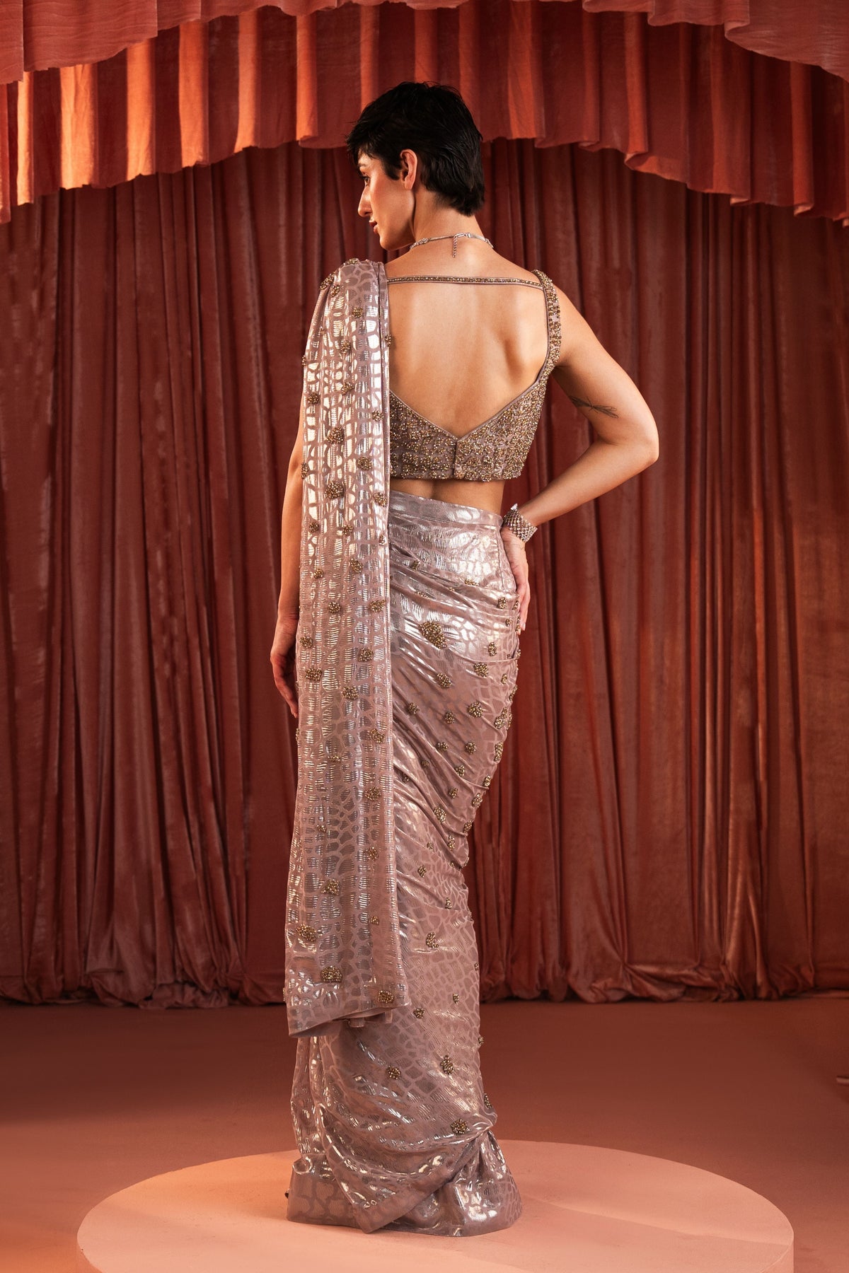Pink Sequin Metallic Draped Saree Set