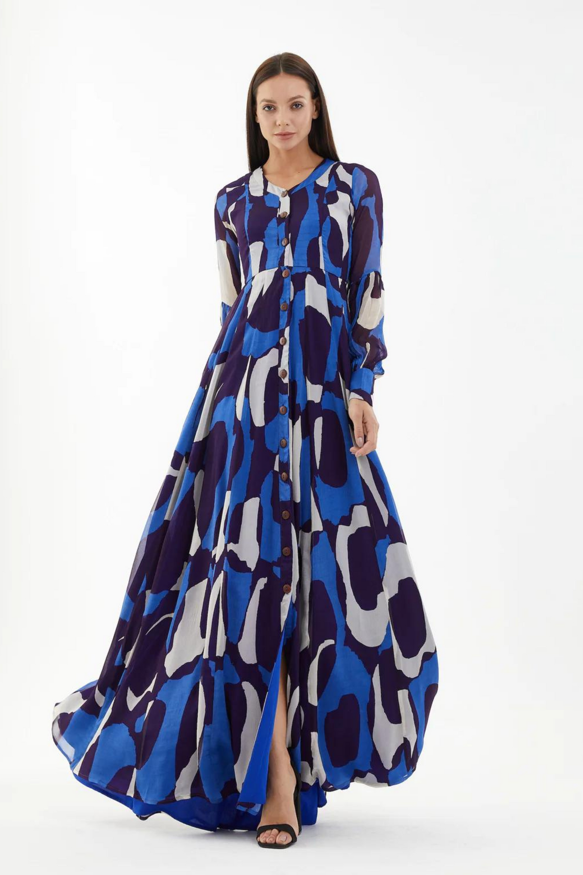 Blue And White Abstract Long Shirt Dress