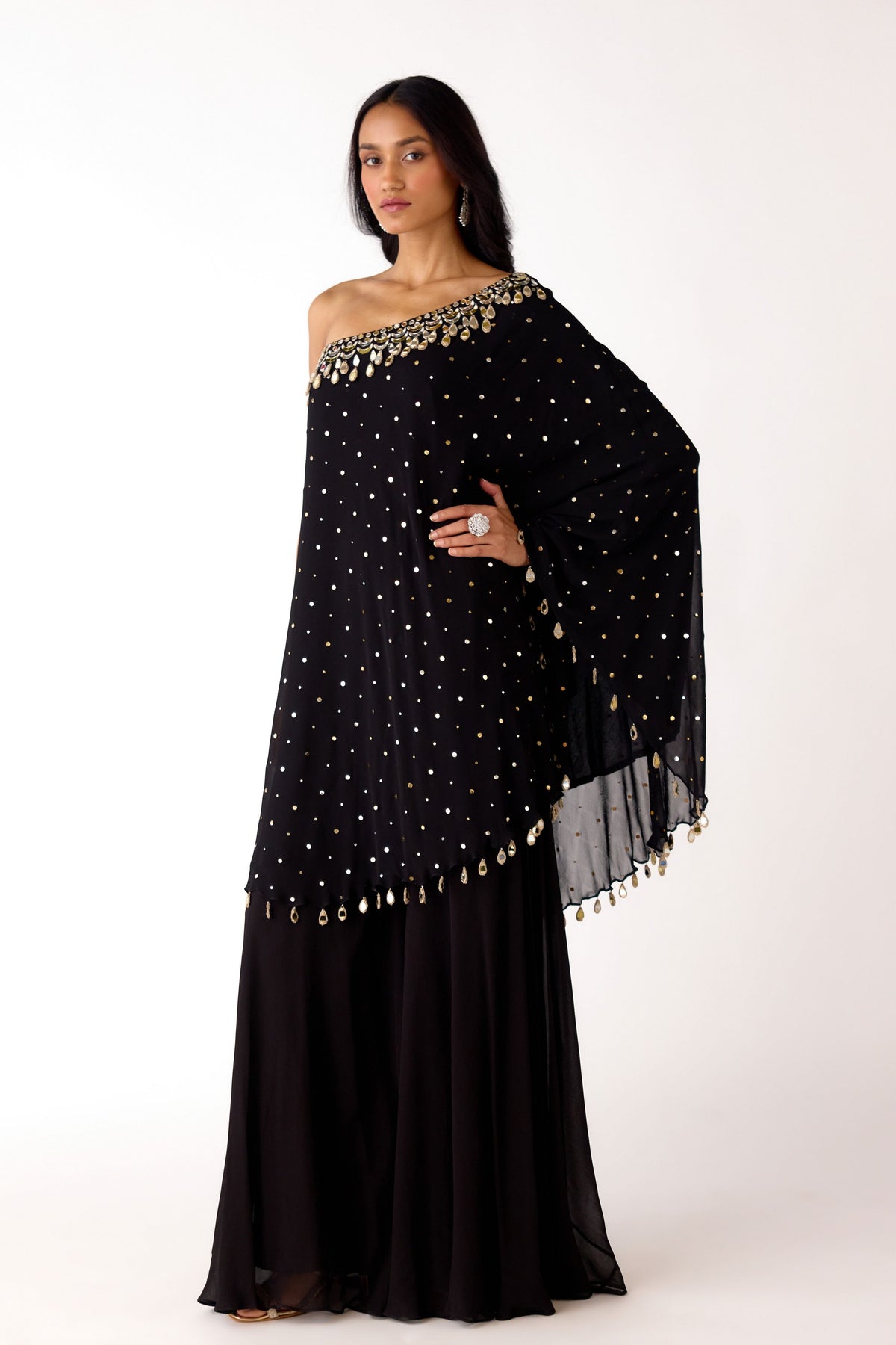 Black One Shoulder Cape Set