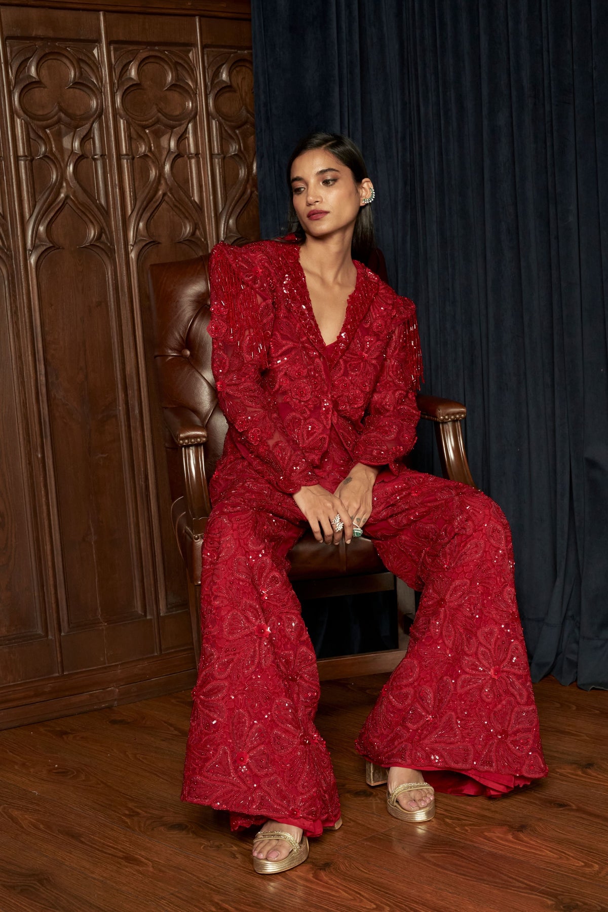 Embroidered Puff Shoulder Jacket Set