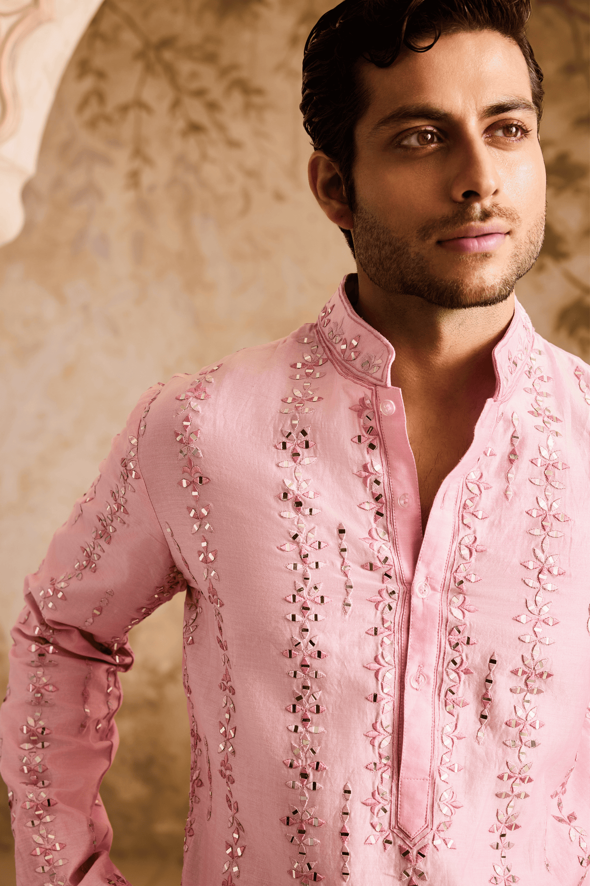 Embroidered Pink Mirrorwork Kurta Set