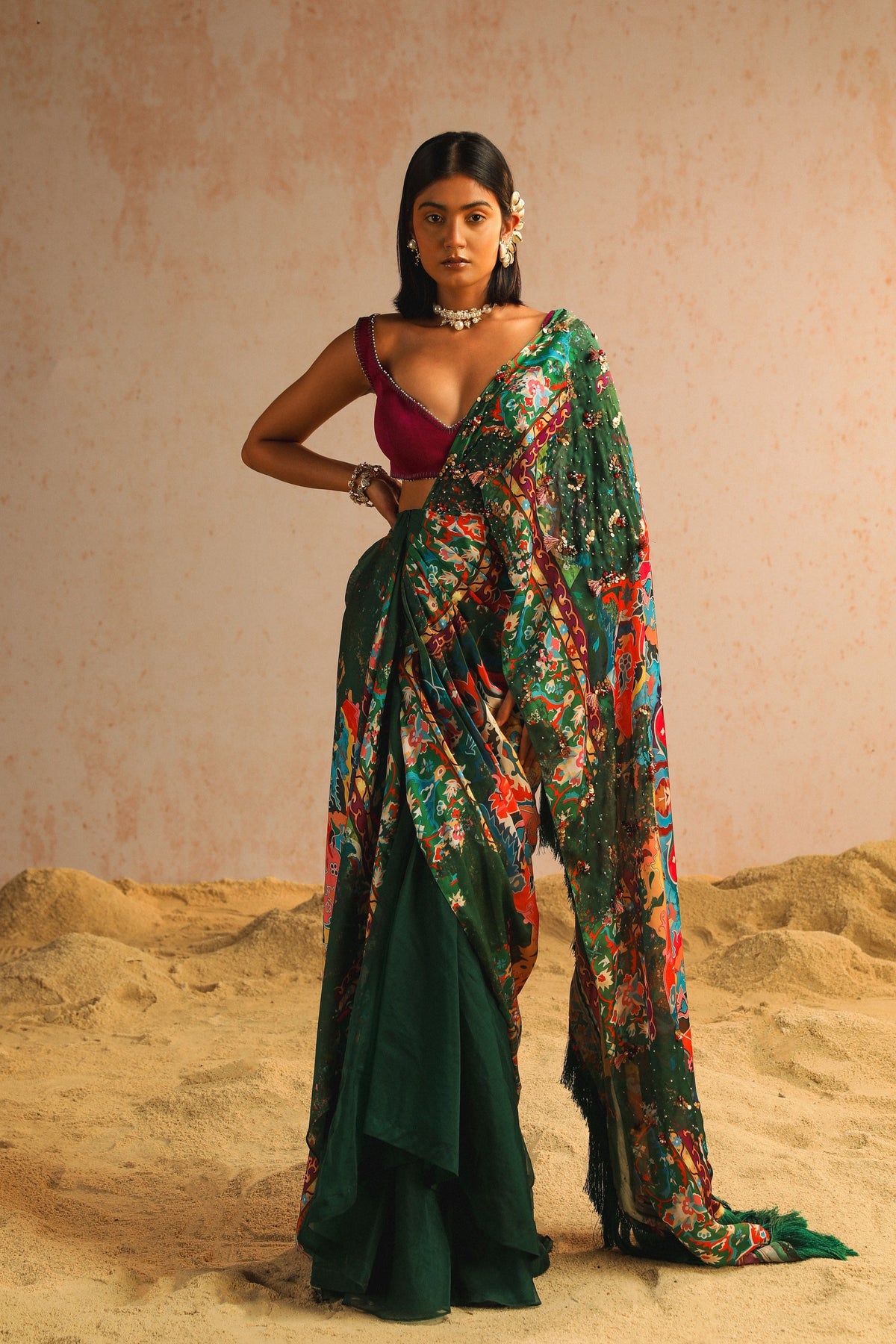 Green Draped Saree With Purple Blouse