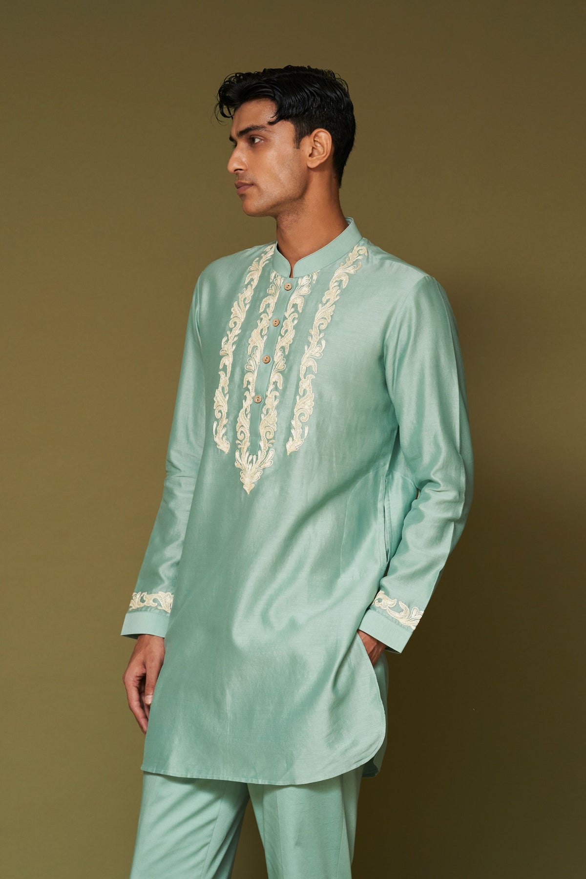 Aqua Embroidered Chanderi Kurta Set