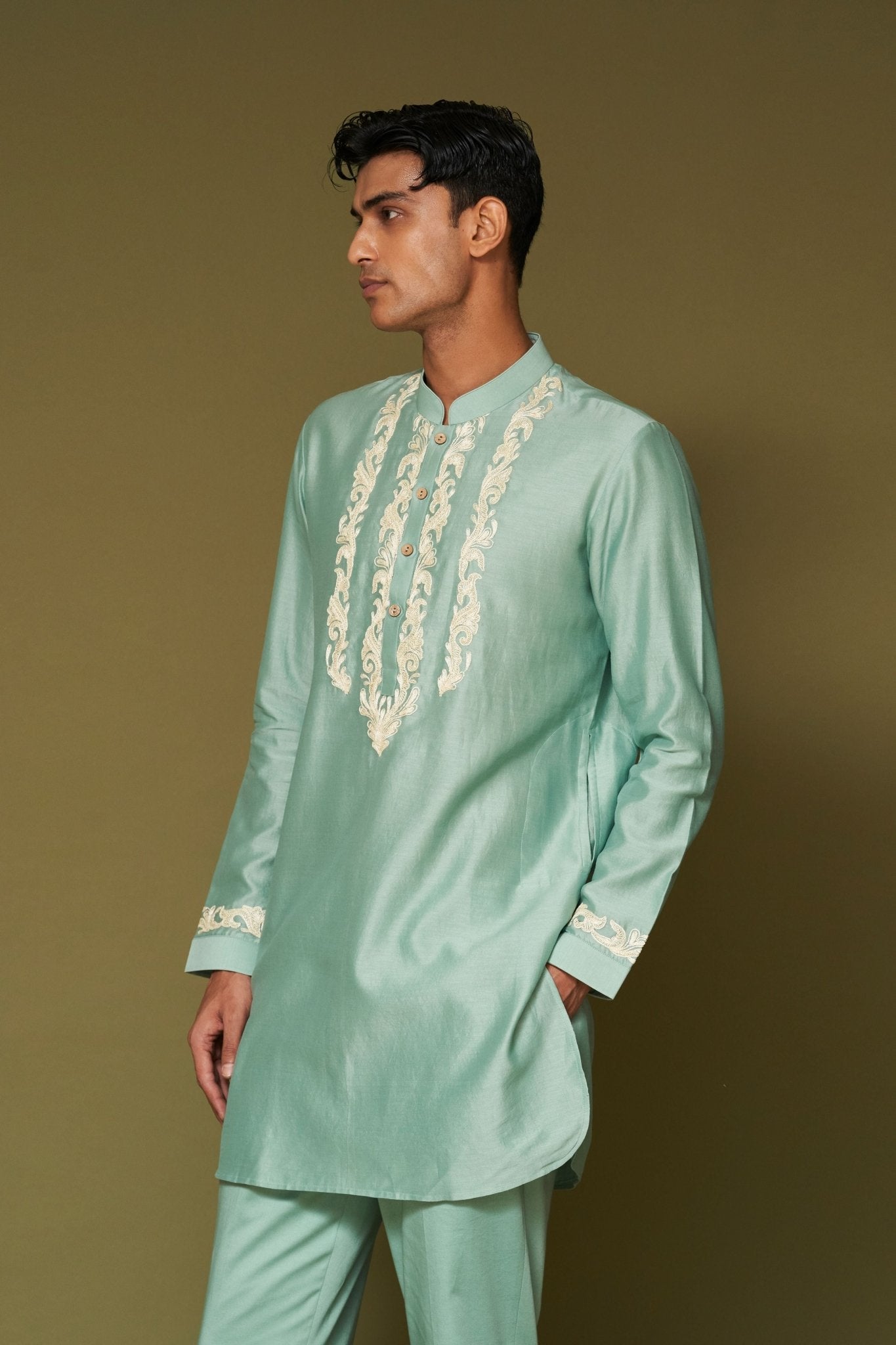 Aqua Embroidered Chanderi Kurta Set - Devnaagri Menswear - Elahe