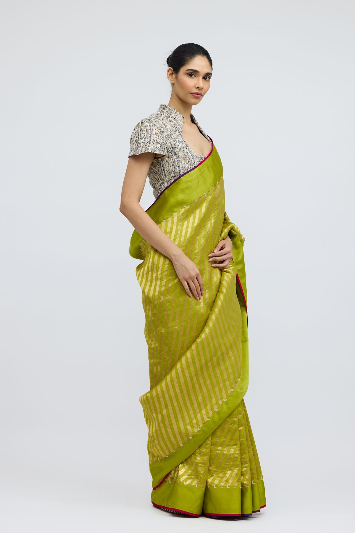 Tirchi Chartreuse Silk Saree