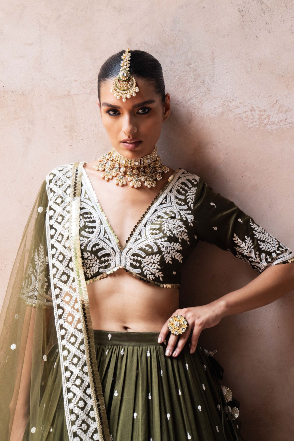 Olive Maharani Forest Lehenga Set