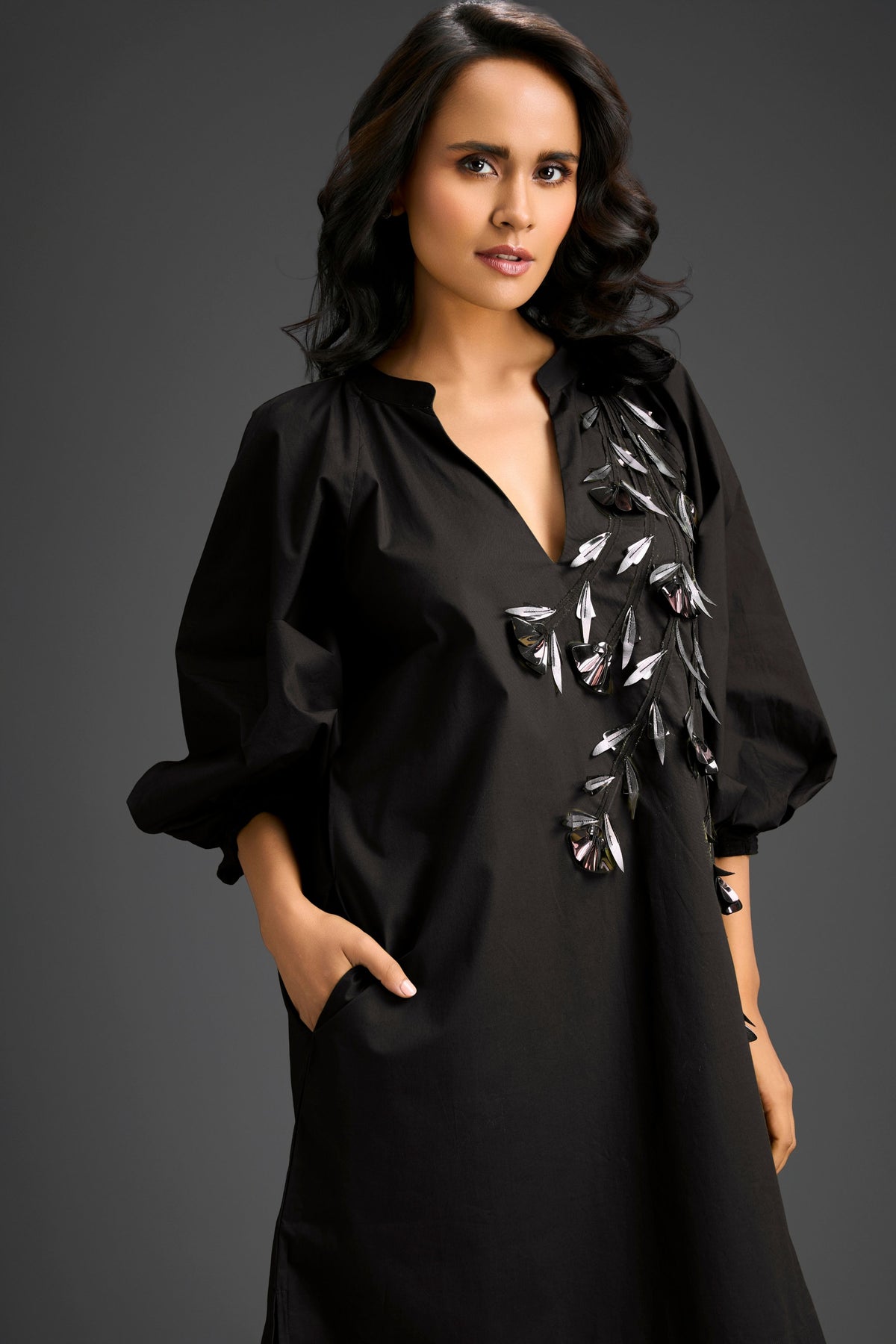 Embroidery Black V-neck Dress