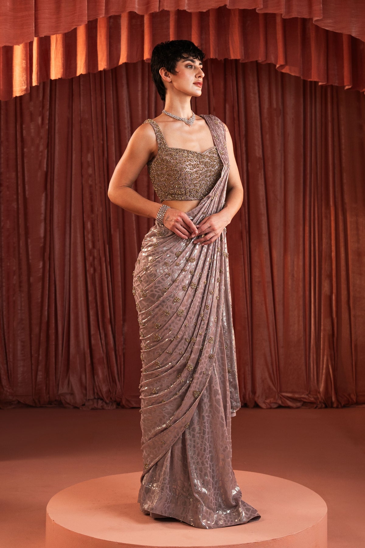 Pink Sequin Metallic Draped Saree Set