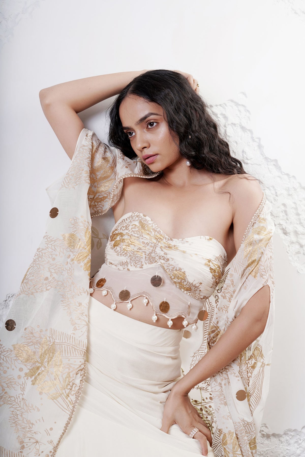 Ivory Foil Drape Saree Set