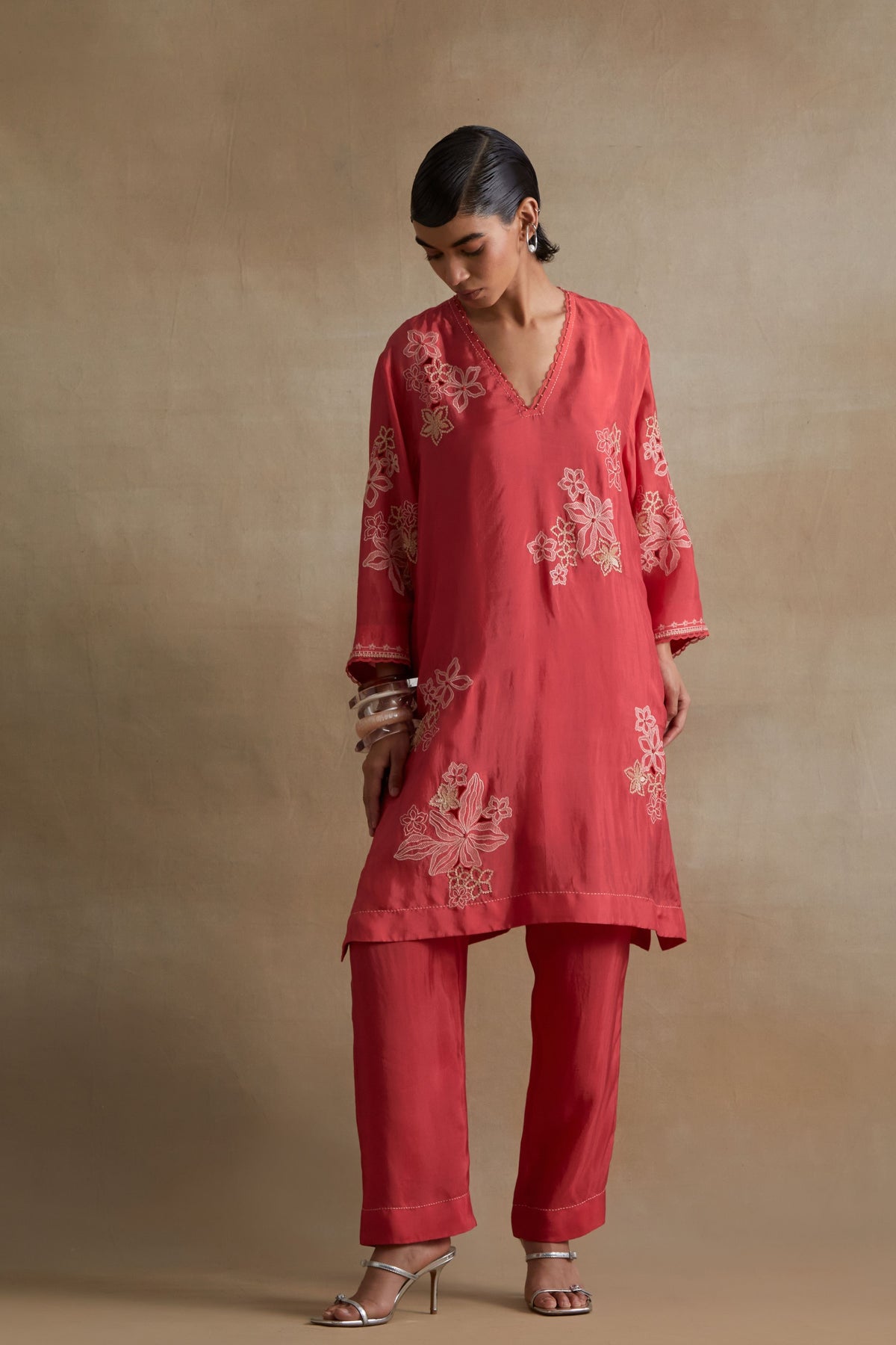 Tomato Handcrafted Floral Tunic Set