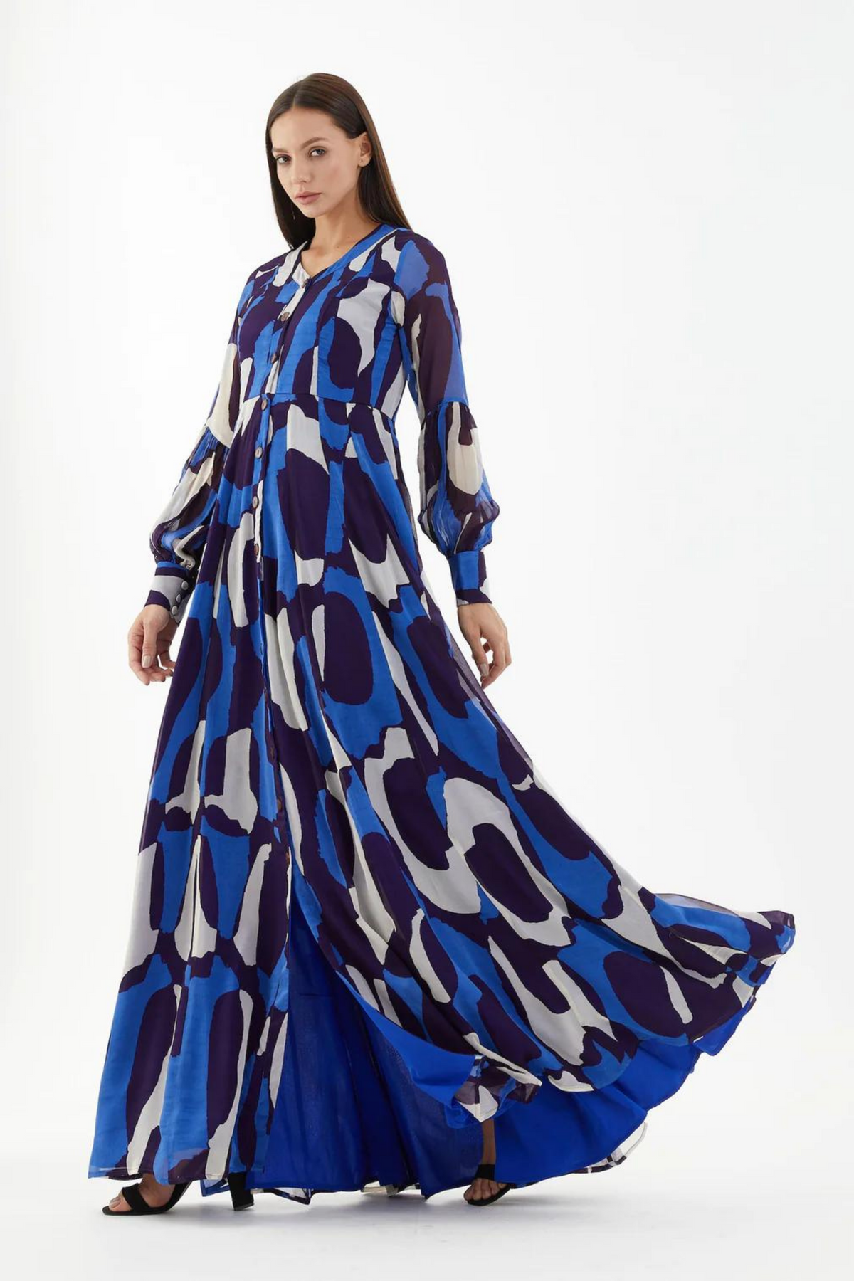 Blue And White Abstract Long Shirt Dress