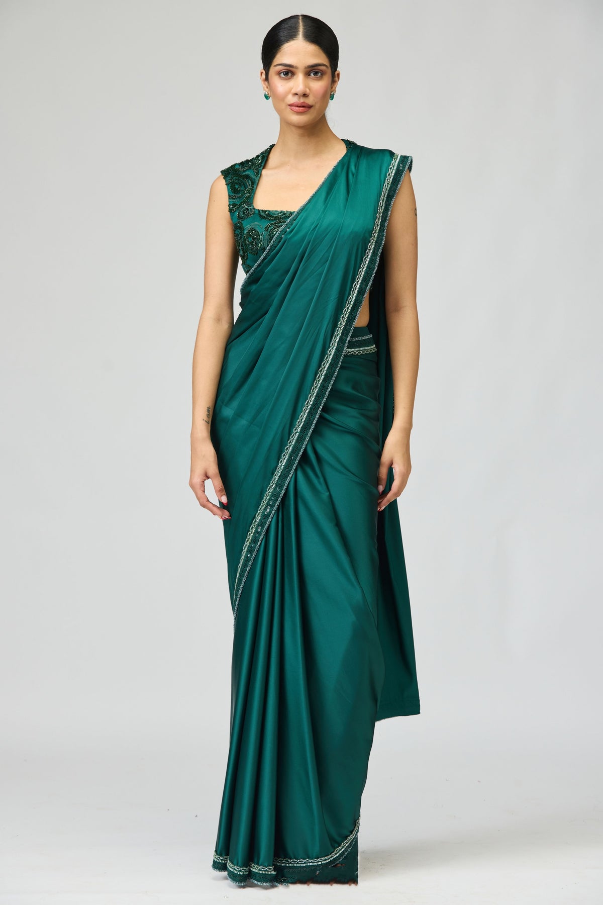 Green Satin Saree Set