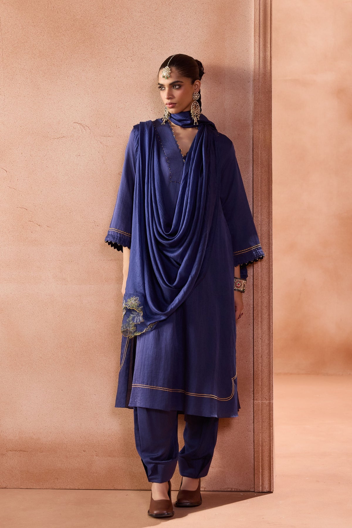 Navy Box Pleated Pants Kurta Set