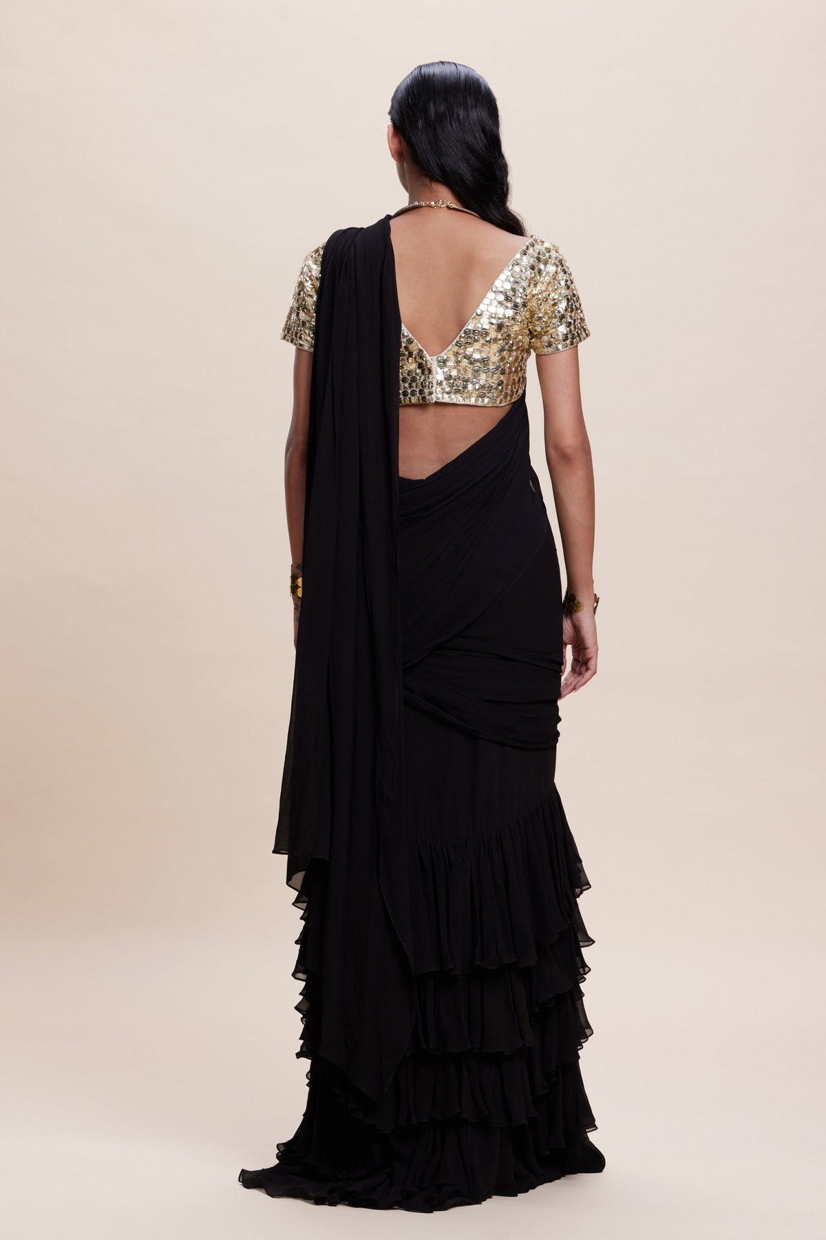 Black Ruffle Draped Saree Set
