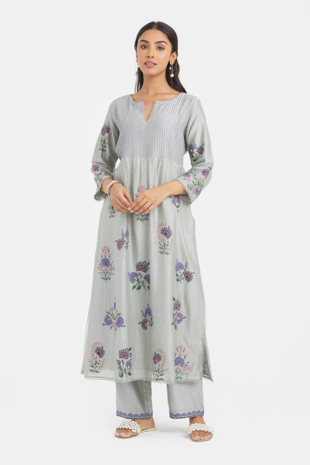 Chanderi Bluish Grey Kurta Set