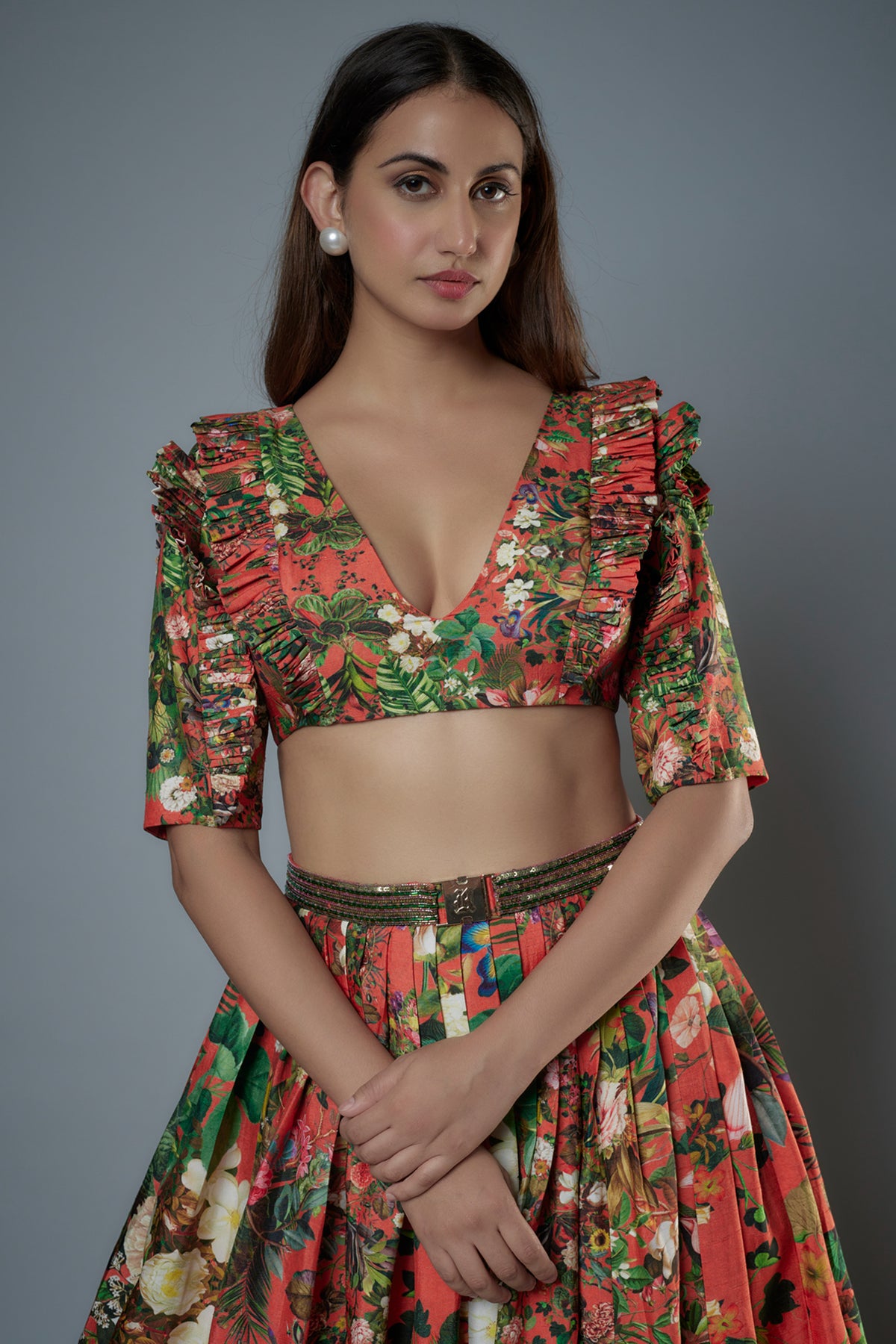 Botanical Printed Orange Lehenga Set