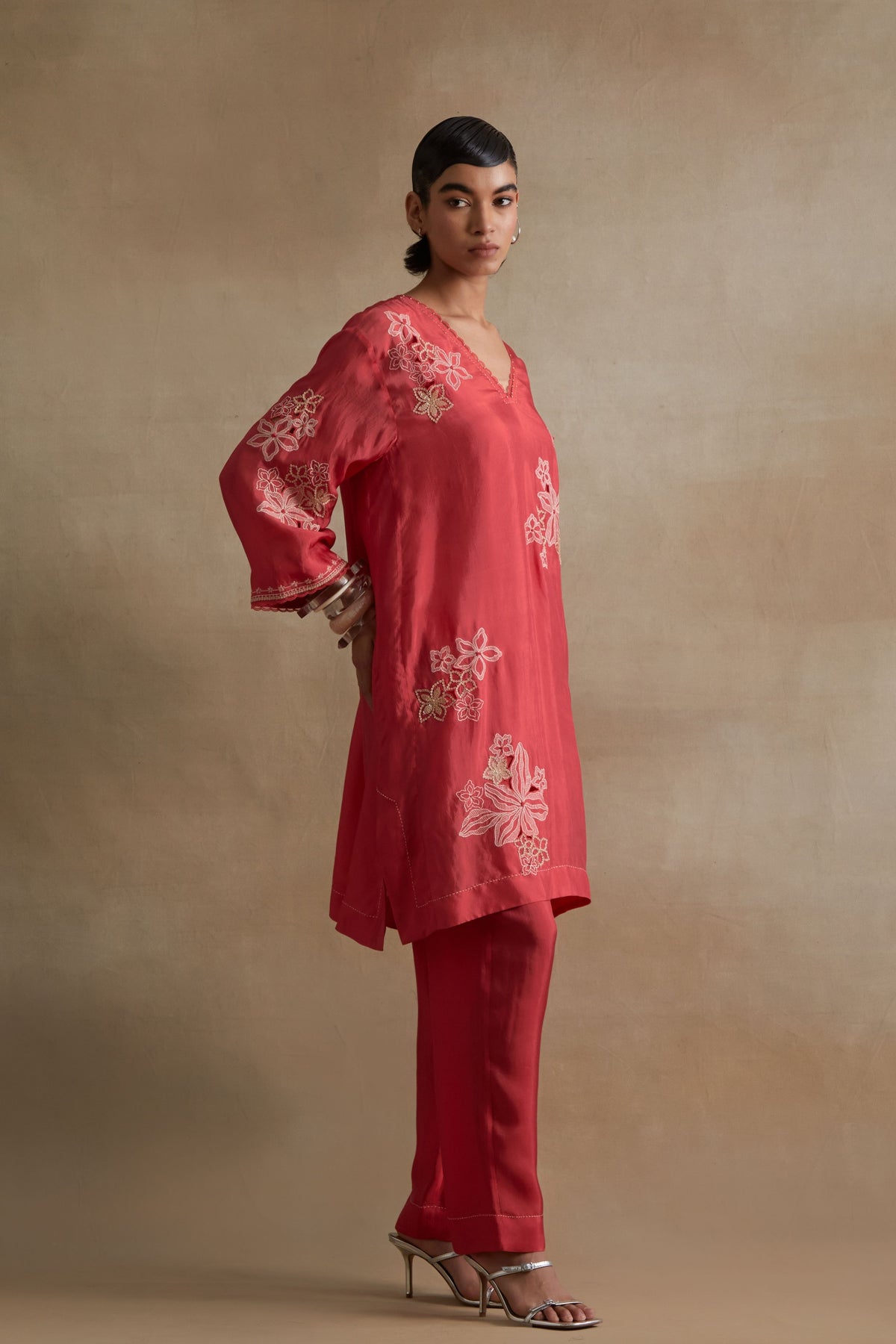Tomato Handcrafted Floral Tunic Set